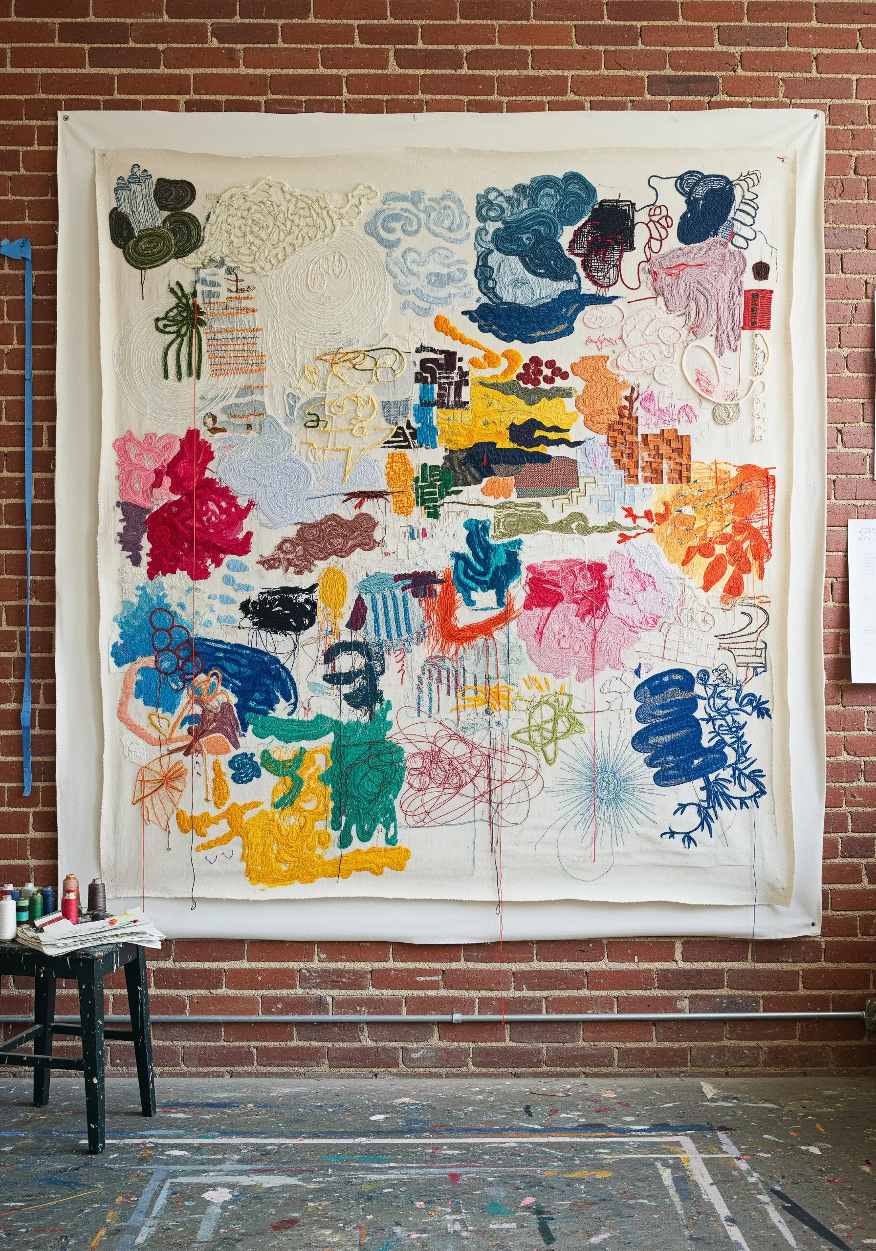 A large, abstract embroidery in progress on a brick wall, showing freeform shapes and colors.