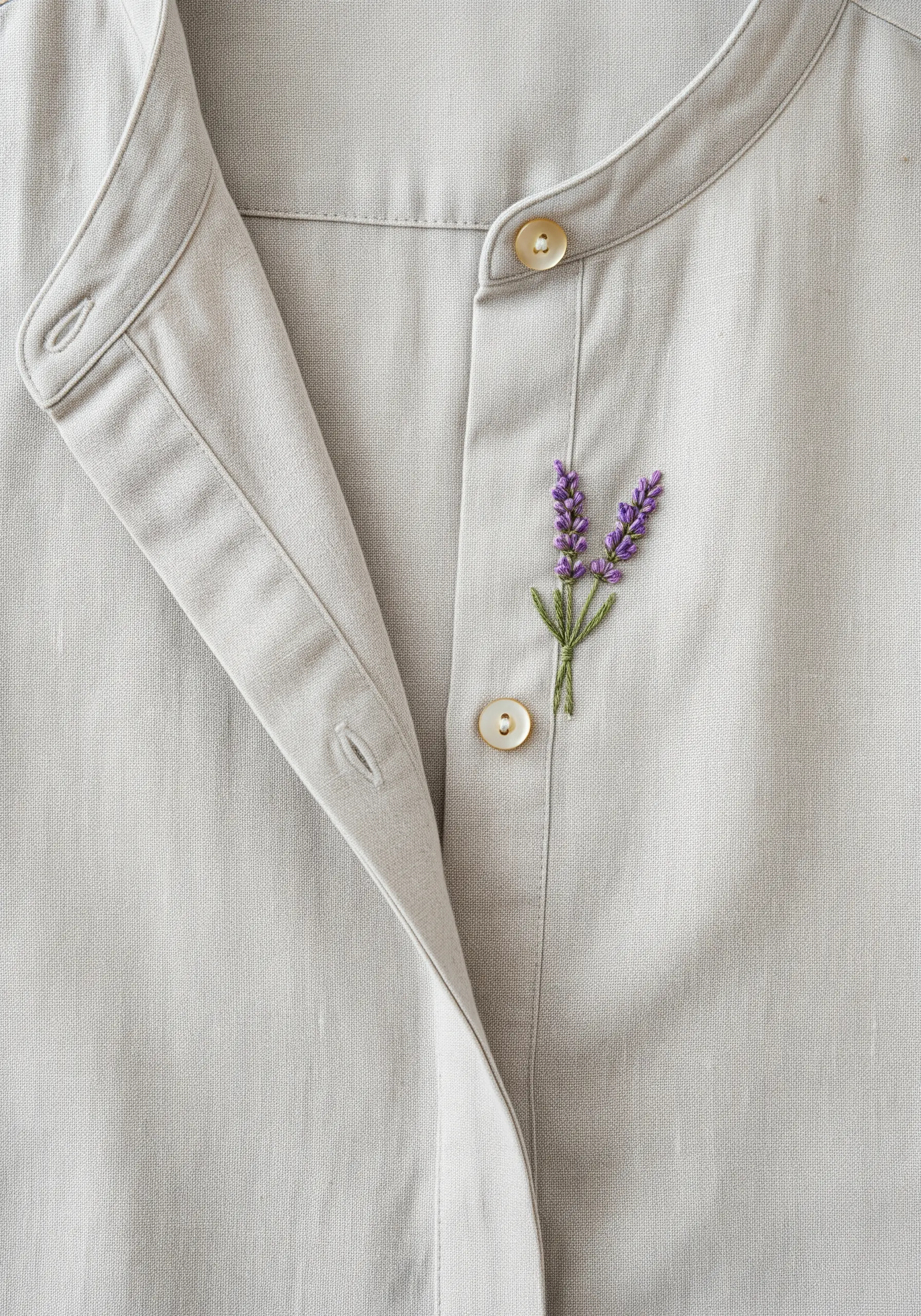 A delicate sprig of purple lavender with green stems embroidered next to the buttons on a beige shirt.