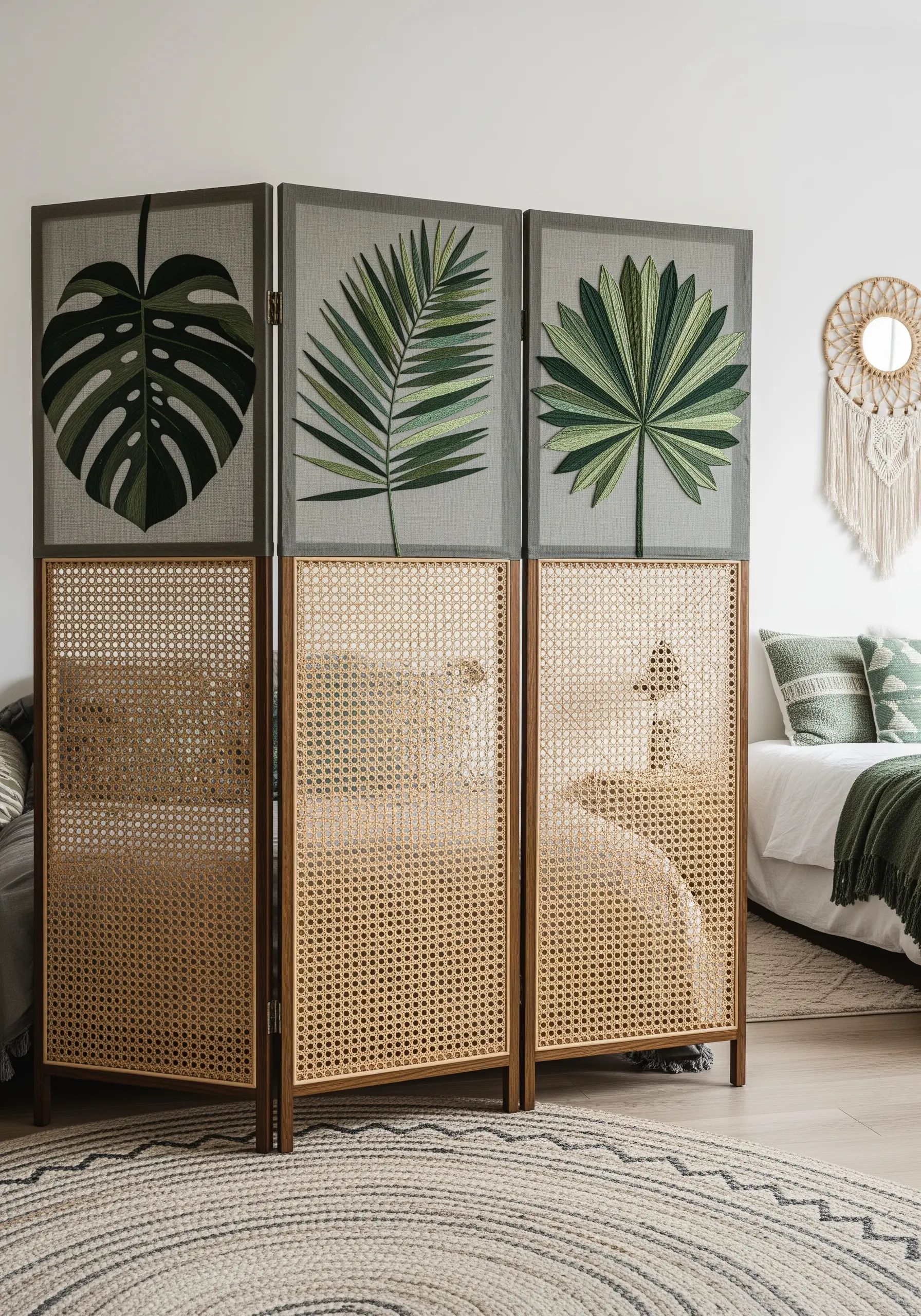 A three-panel room divider with large, beautifully embroidered tropical leaves on the top panels.