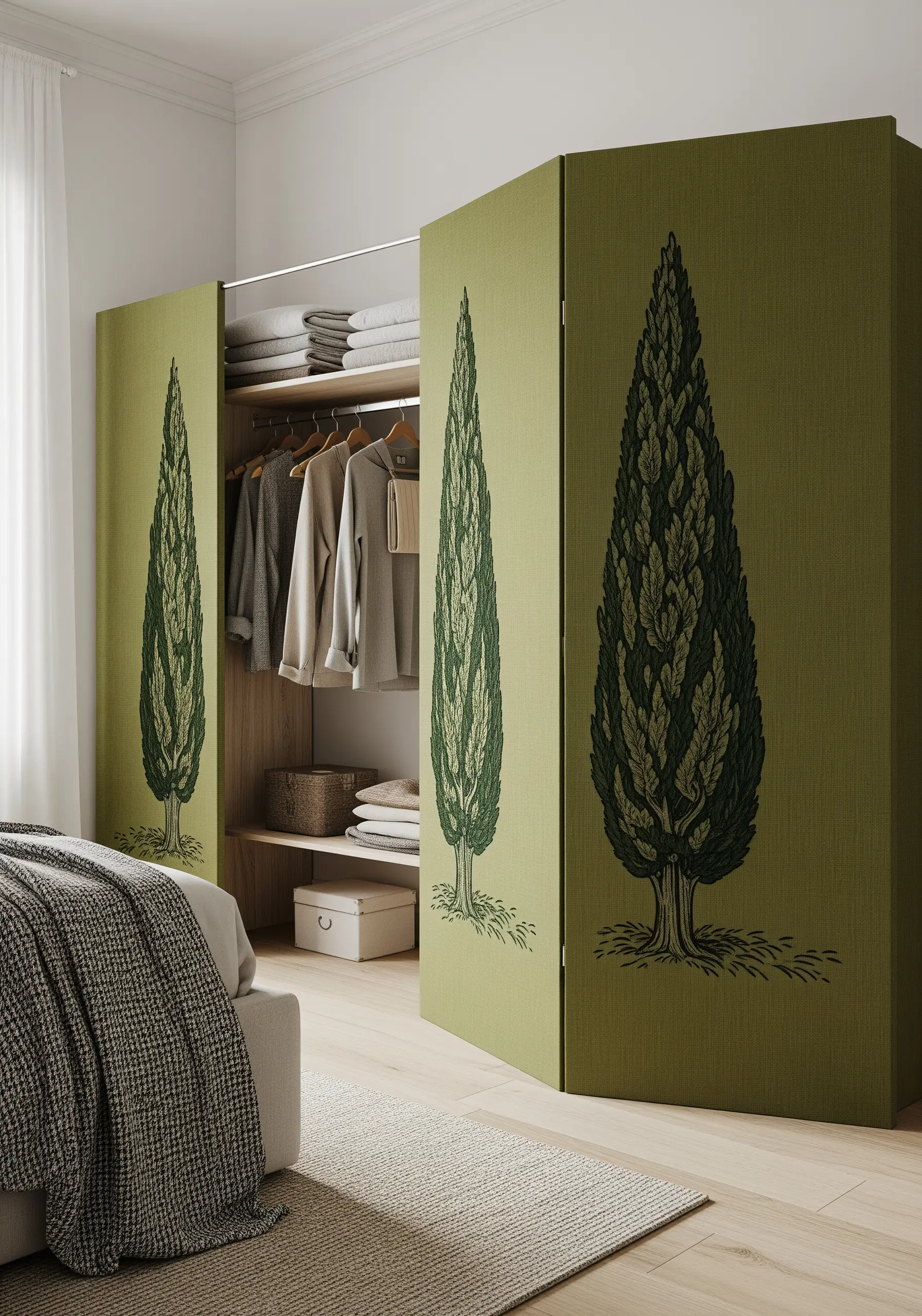 Tall cypress trees embroidered on green fabric panels of a room divider.