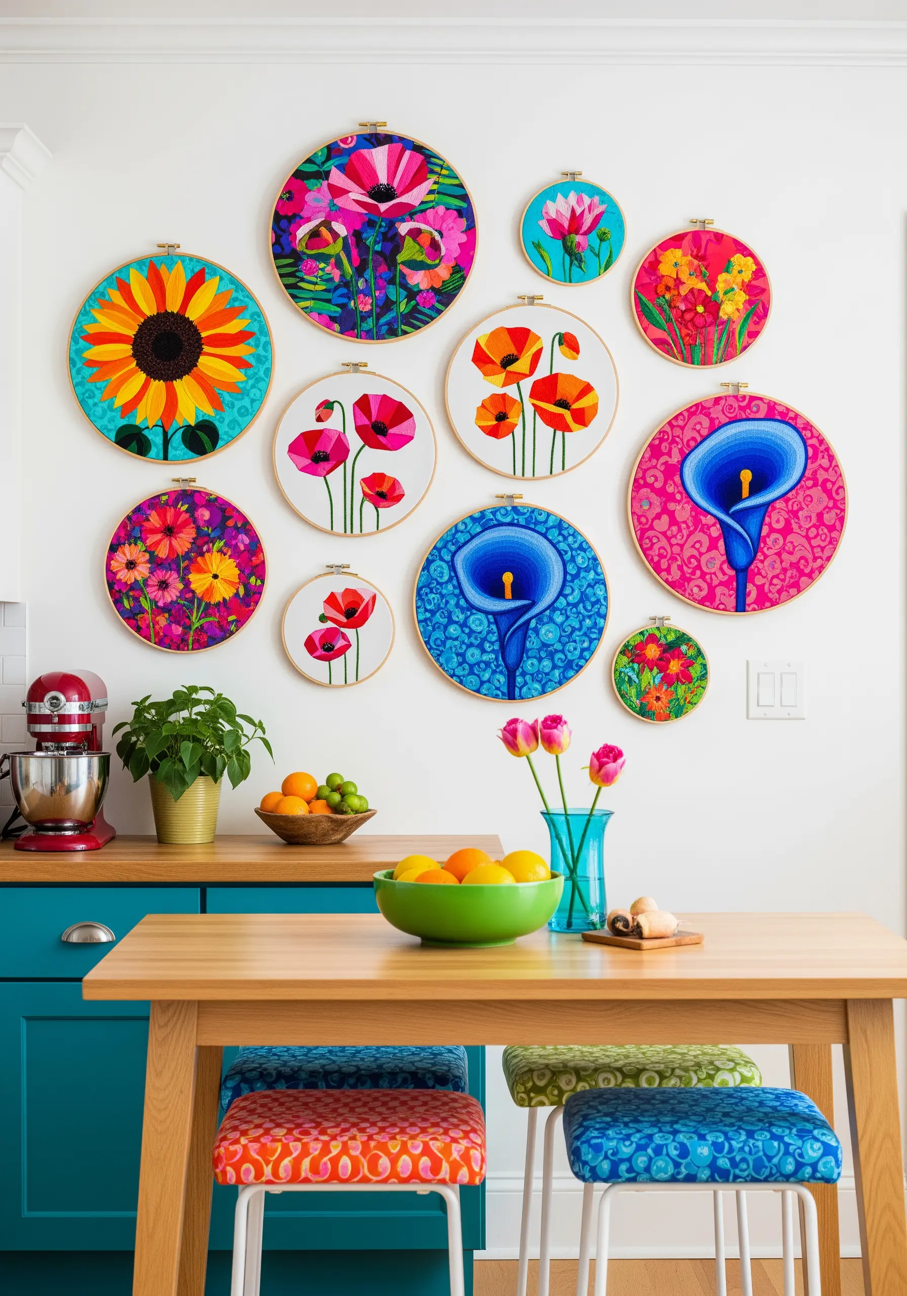 A vibrant gallery wall of multiple embroidery hoops with colorful, stylized flowers