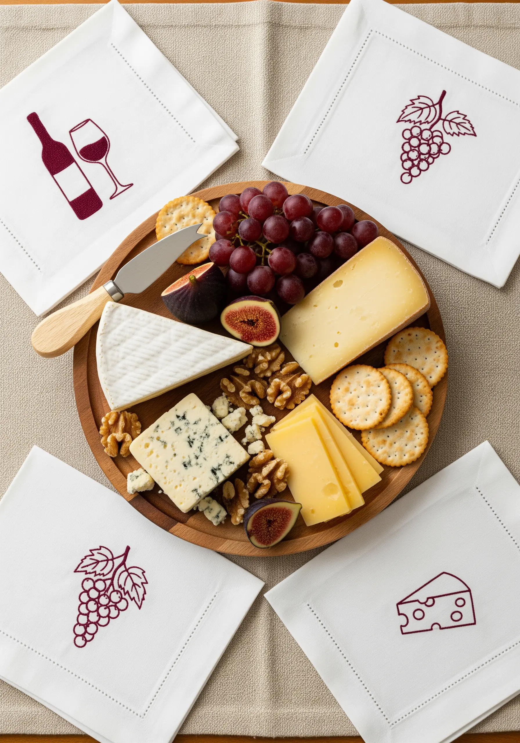 A set of four white napkins, each with a different wine-and-cheese themed motif in burgundy thread.