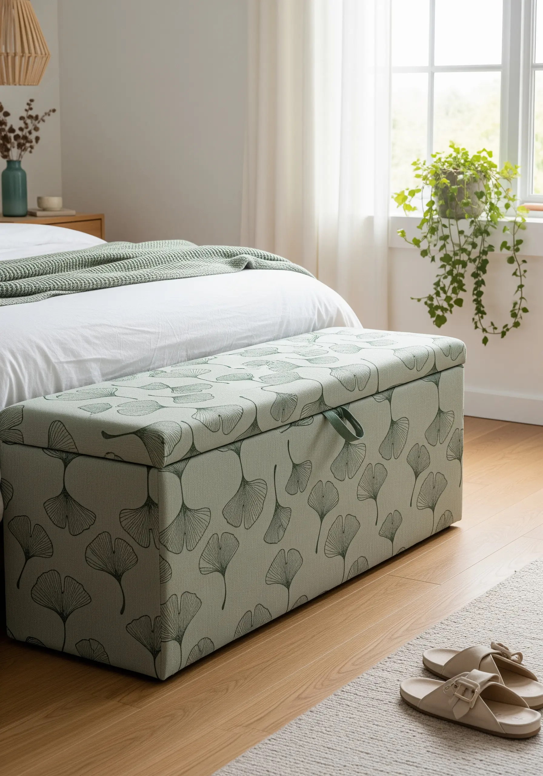 A repeating ginkgo leaf line-art pattern embroidered on a sage green storage ottoman.