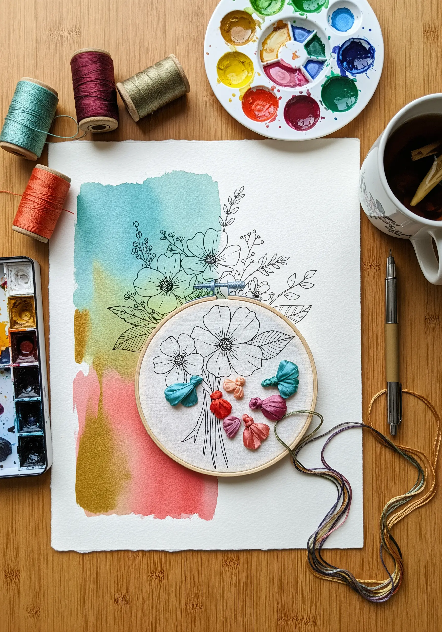 Embroidery hoop with 3D ribbon stitch flowers over a watercolor painting of a floral bouquet.