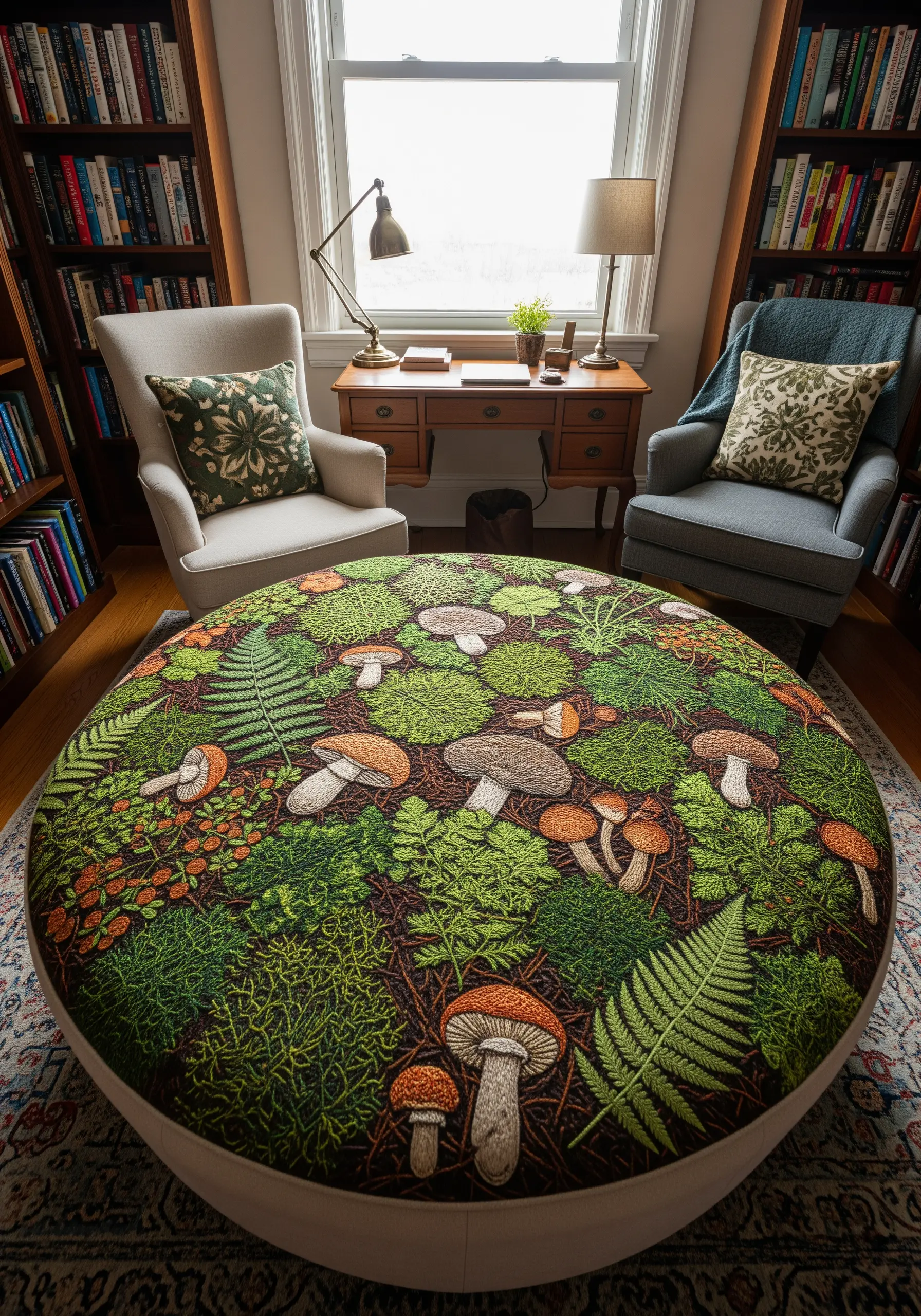 A large round ottoman upholstered with fabric intricately embroidered with a forest floor scene