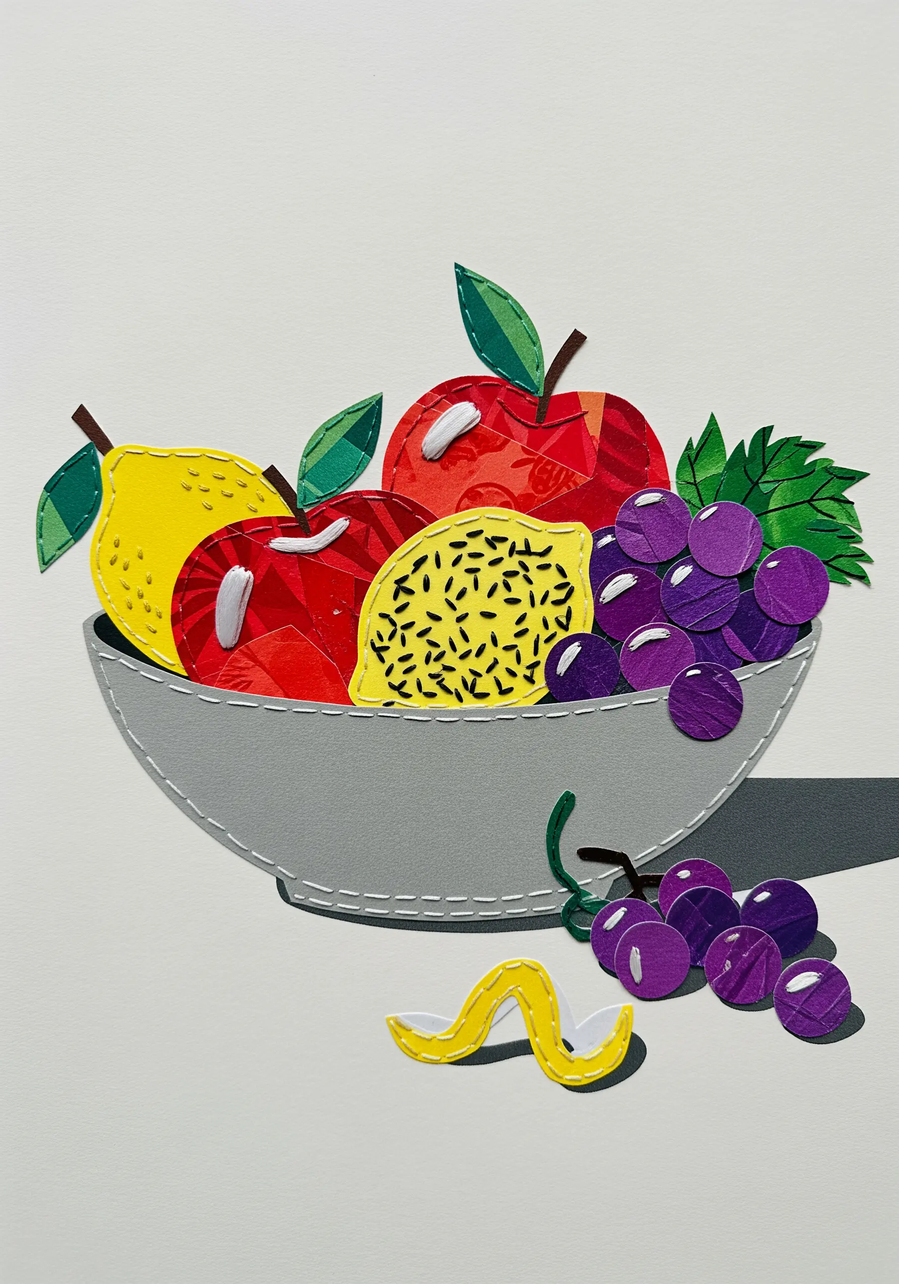 A paper collage of a fruit bowl with a white running stitch outlining the bowl's edge.