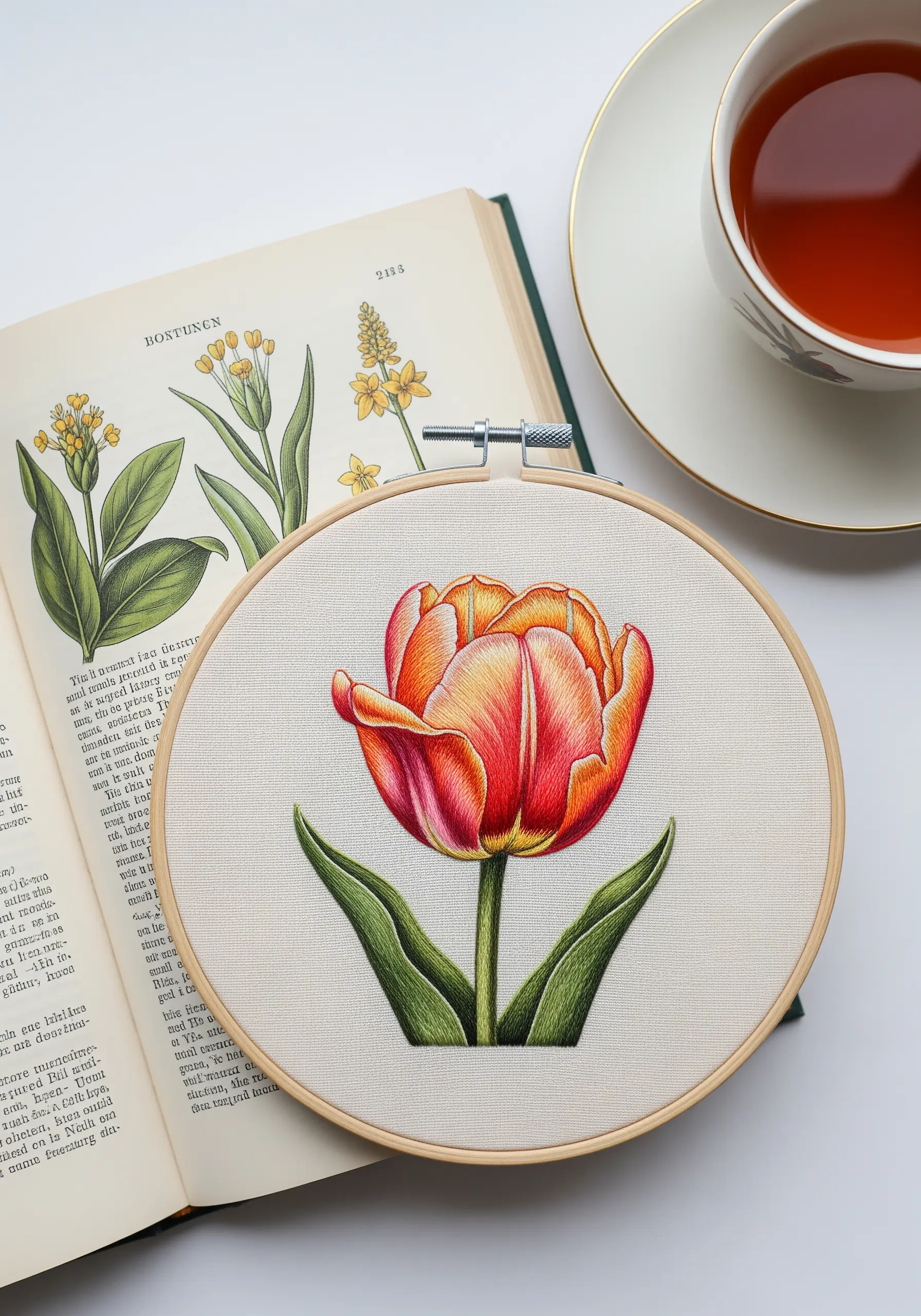 A realistic red and orange parrot tulip, thread-painted to show light and shadow.