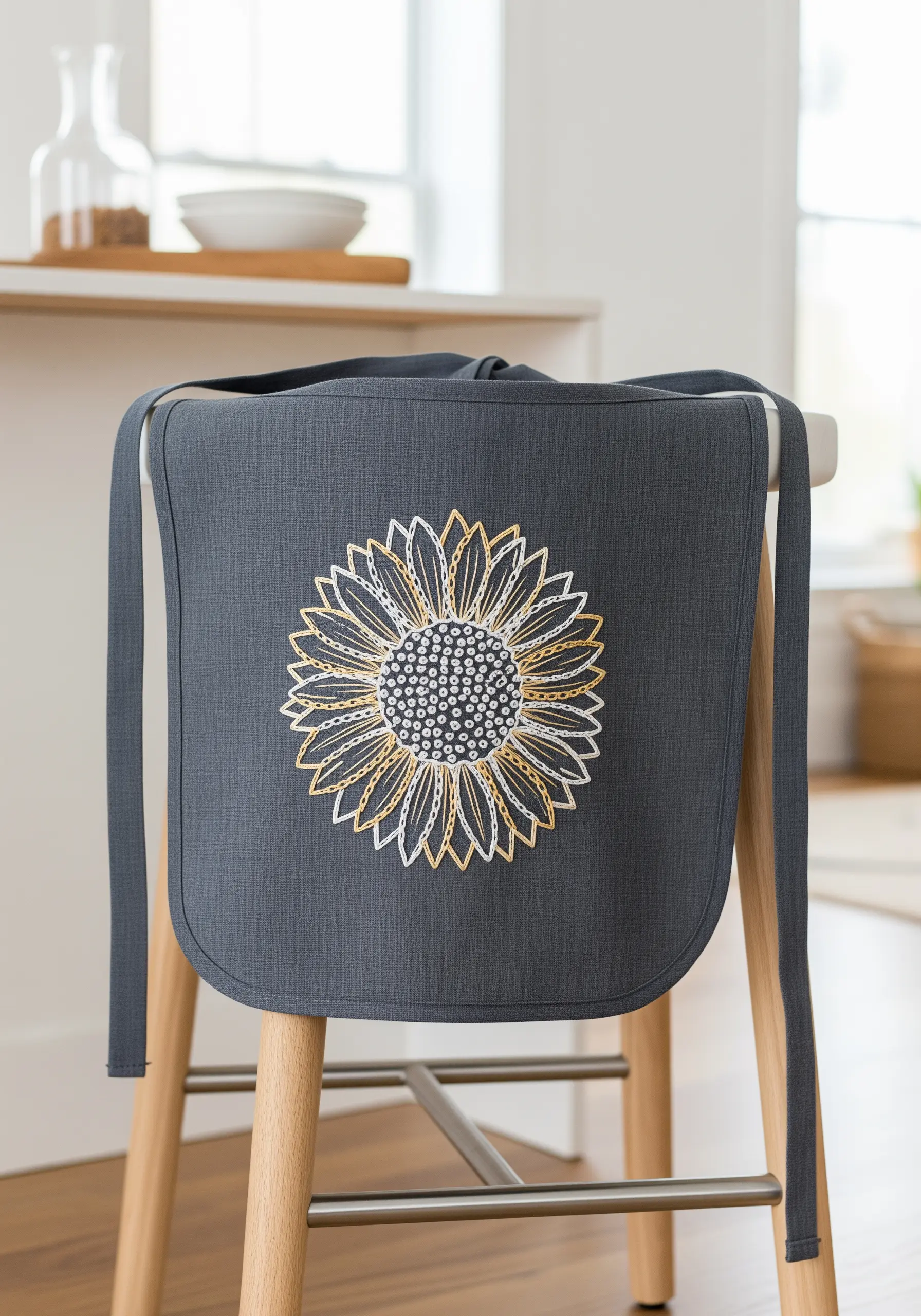Modern line-art sunflower with white and gold outlines on a dark grey apron