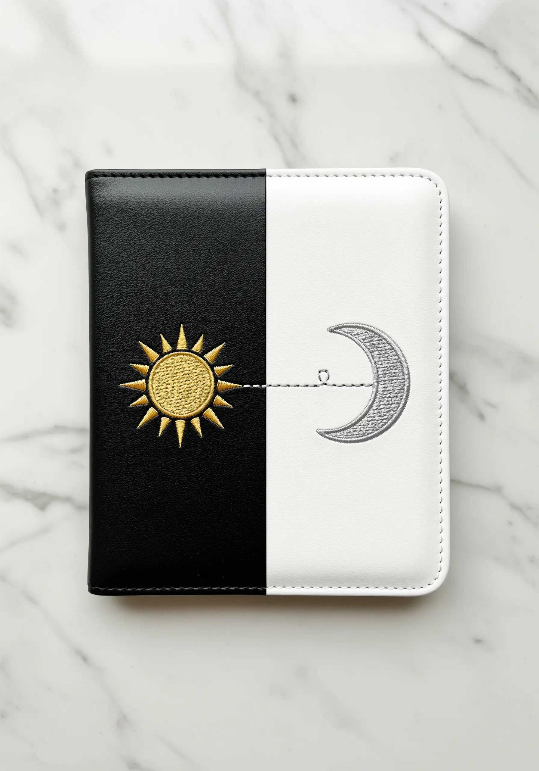 A split passport cover with a golden sun on the black side and a silver moon on the white side.