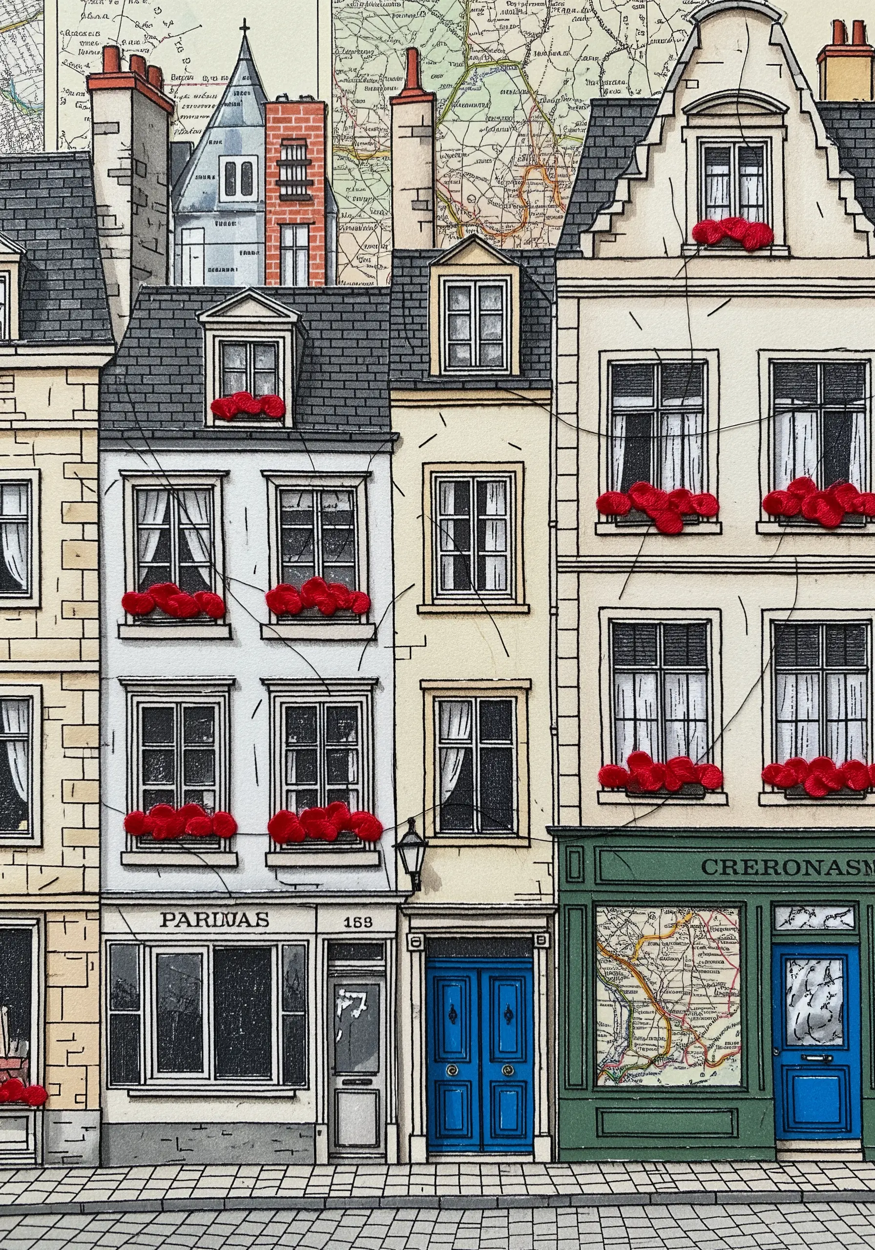 A detailed illustration of city buildings with red French knot flowers in the window boxes.