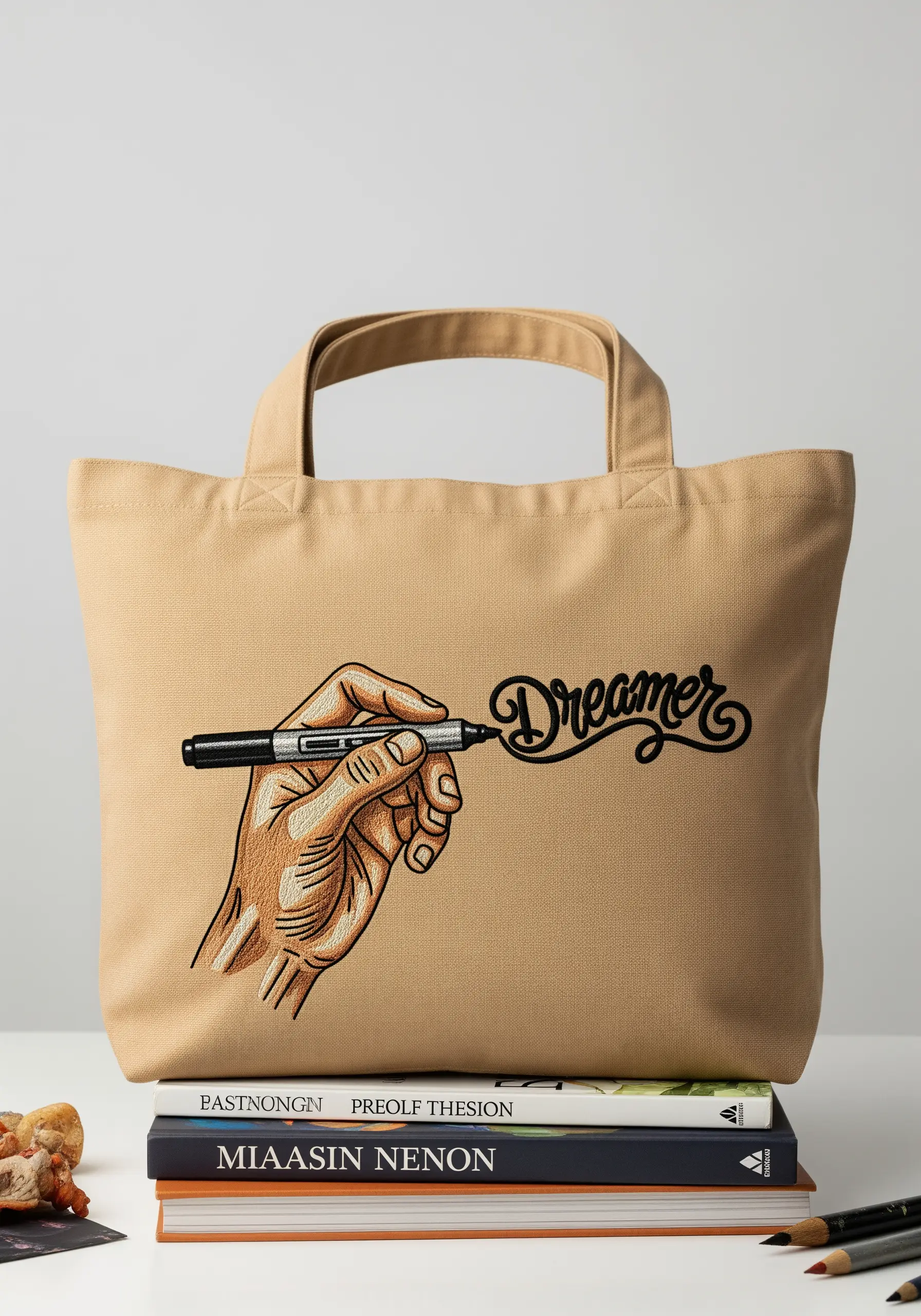 An embroidered hand drawing the word 'Dreamer' in calligraphy on a beige tote.
