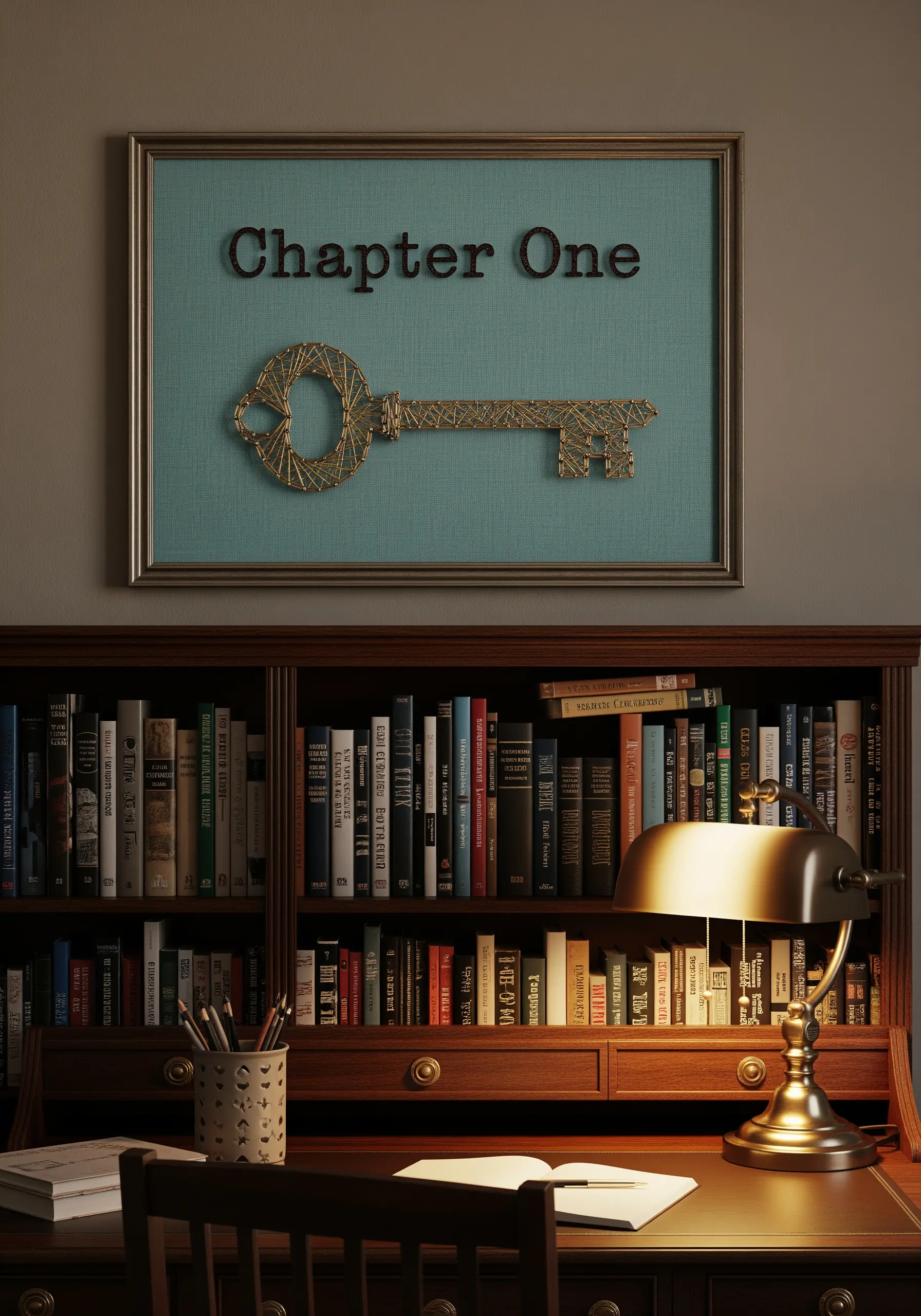 Gold metallic string art of a vintage key on a teal background with the text 'Chapter One.'