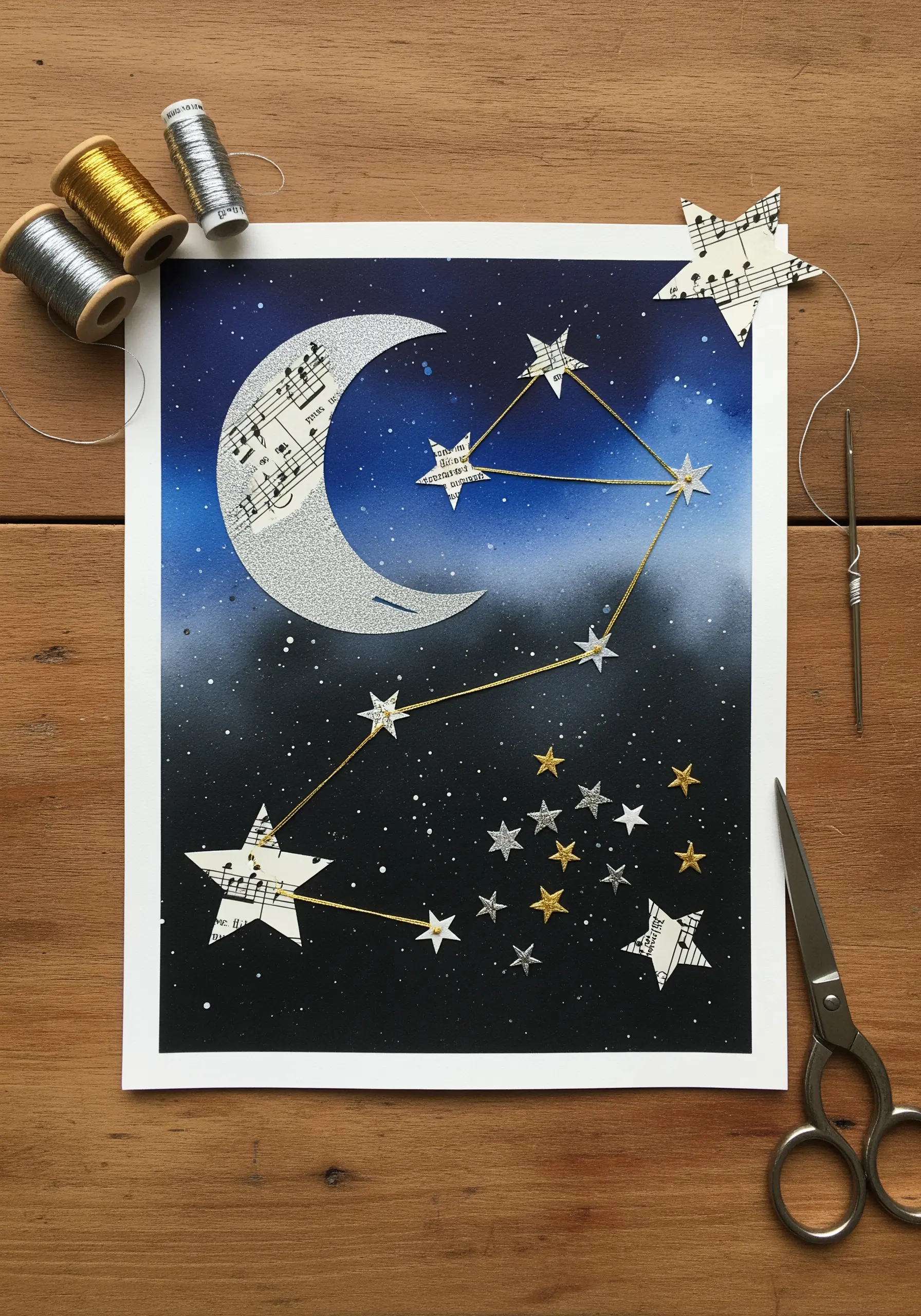 A constellation stitched with gold metallic thread on a dark blue background with paper stars.