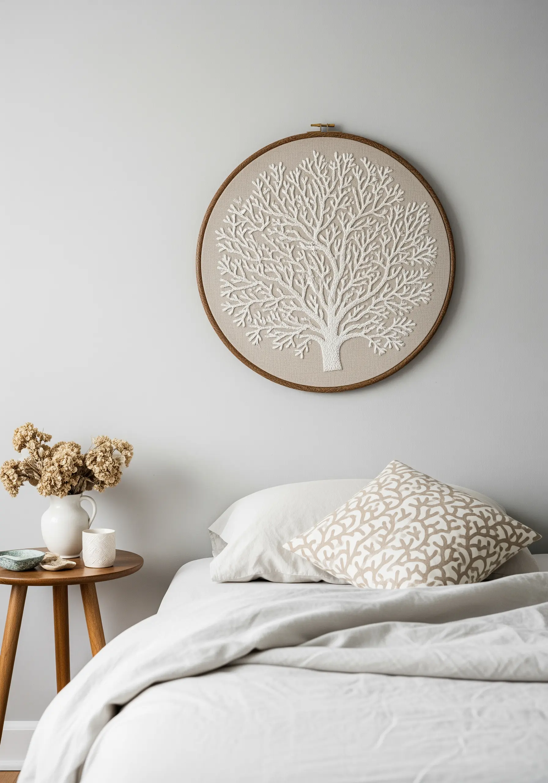 Monochrome white embroidery of a complex coral tree on neutral linen fabric in a hoop.