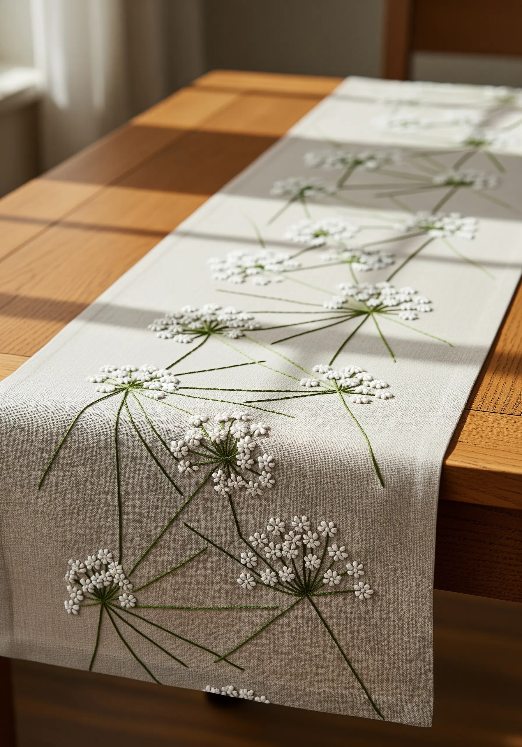 Delicate white French knots forming Queen Anne's lace flowers on a neutral linen table runner.