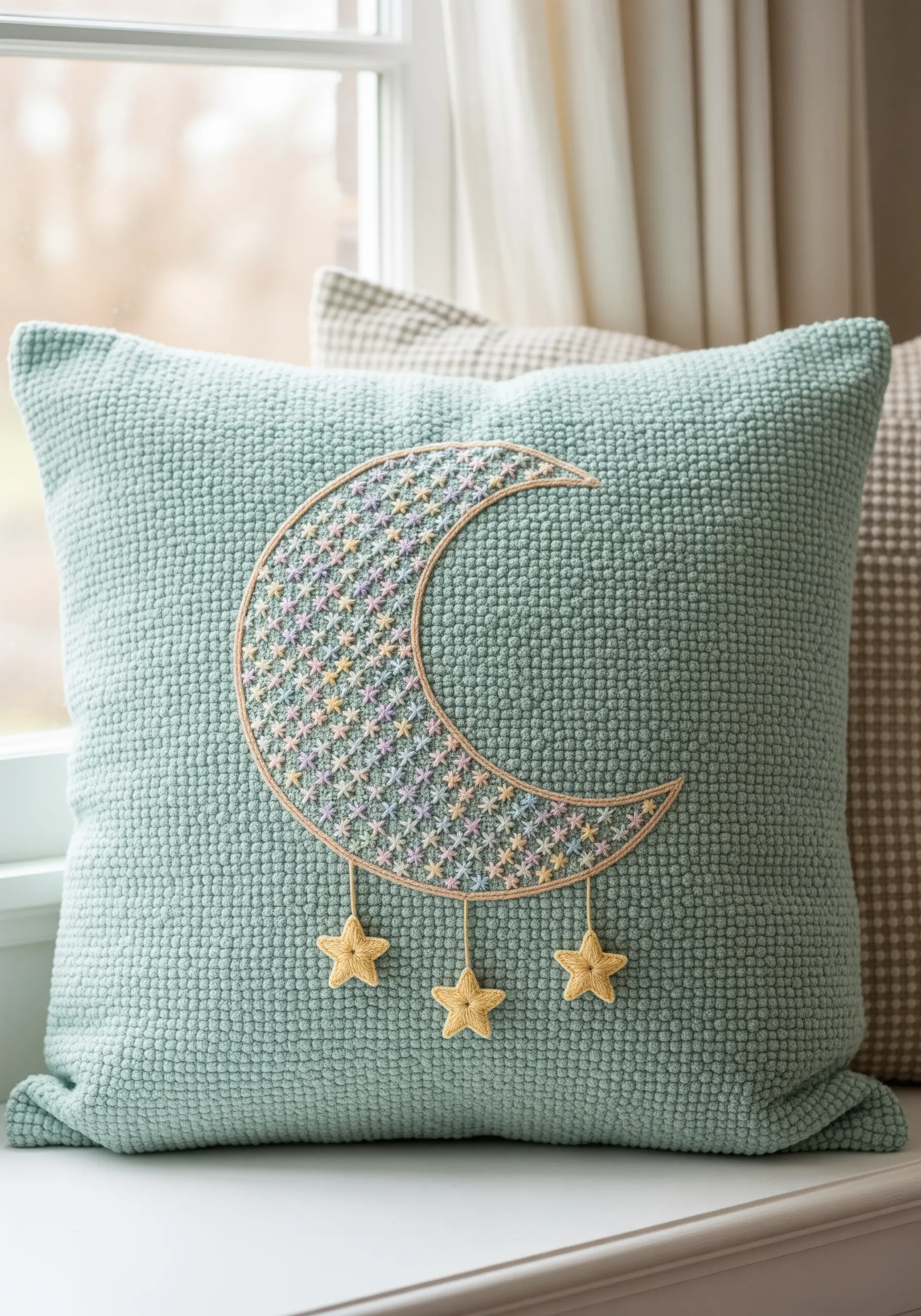 Crescent moon filled with a pastel cross-hatch stitch on a textured green pillow.