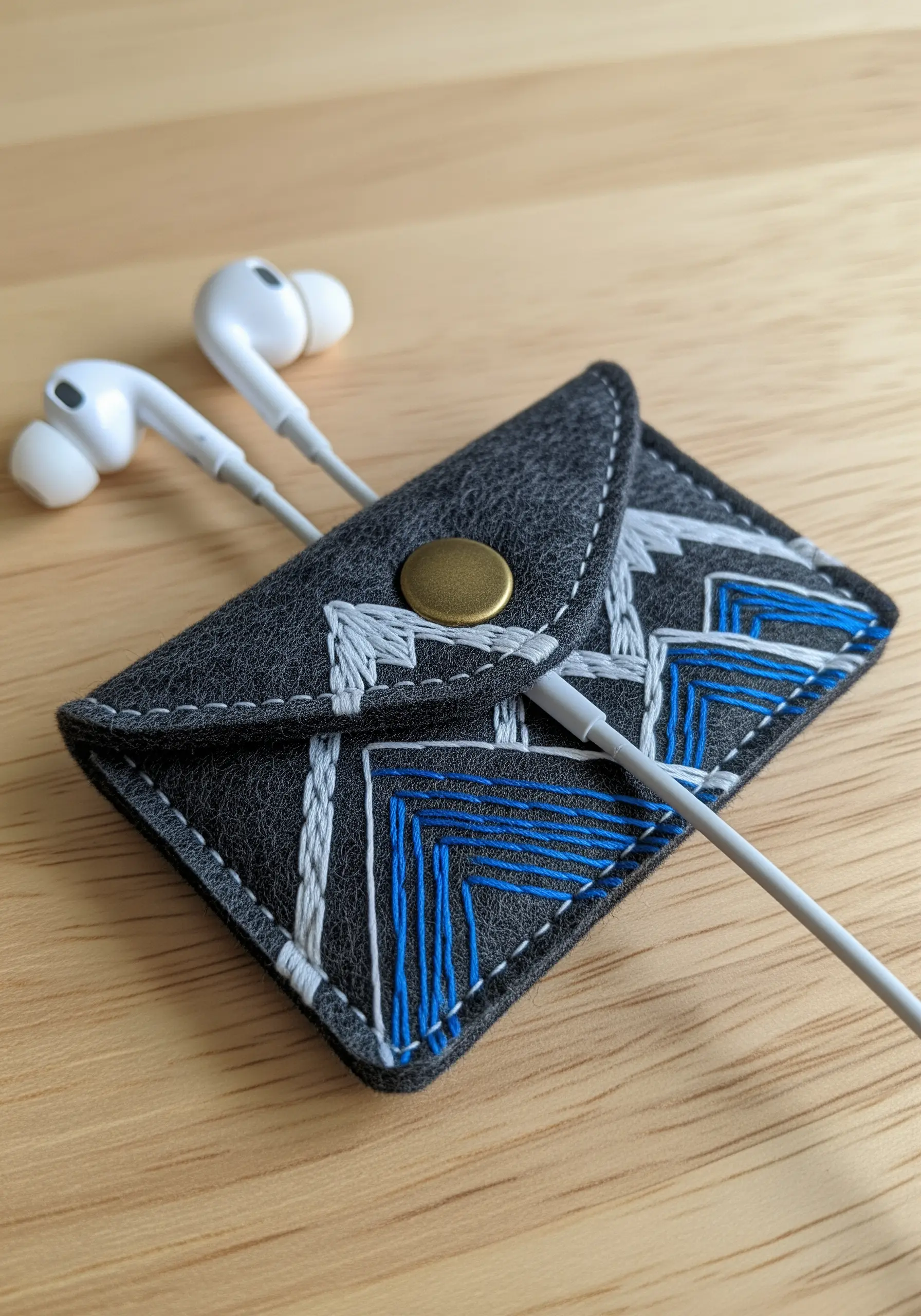 A dark grey felt earbud pouch decorated with a modern geometric pattern in blue and white running stitch.