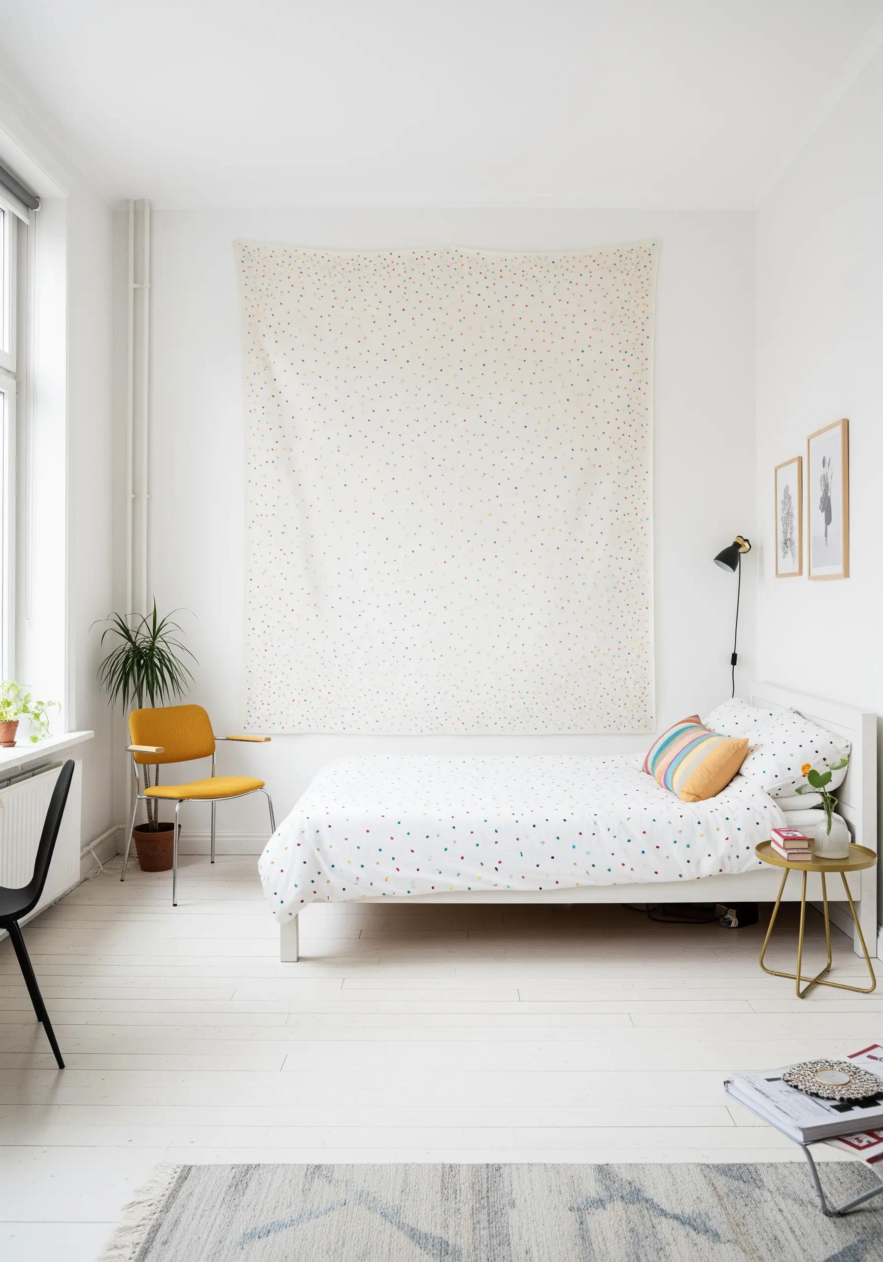 A large, white fabric wall hanging behind a bed, decorated with tiny, colorful seed stitches.