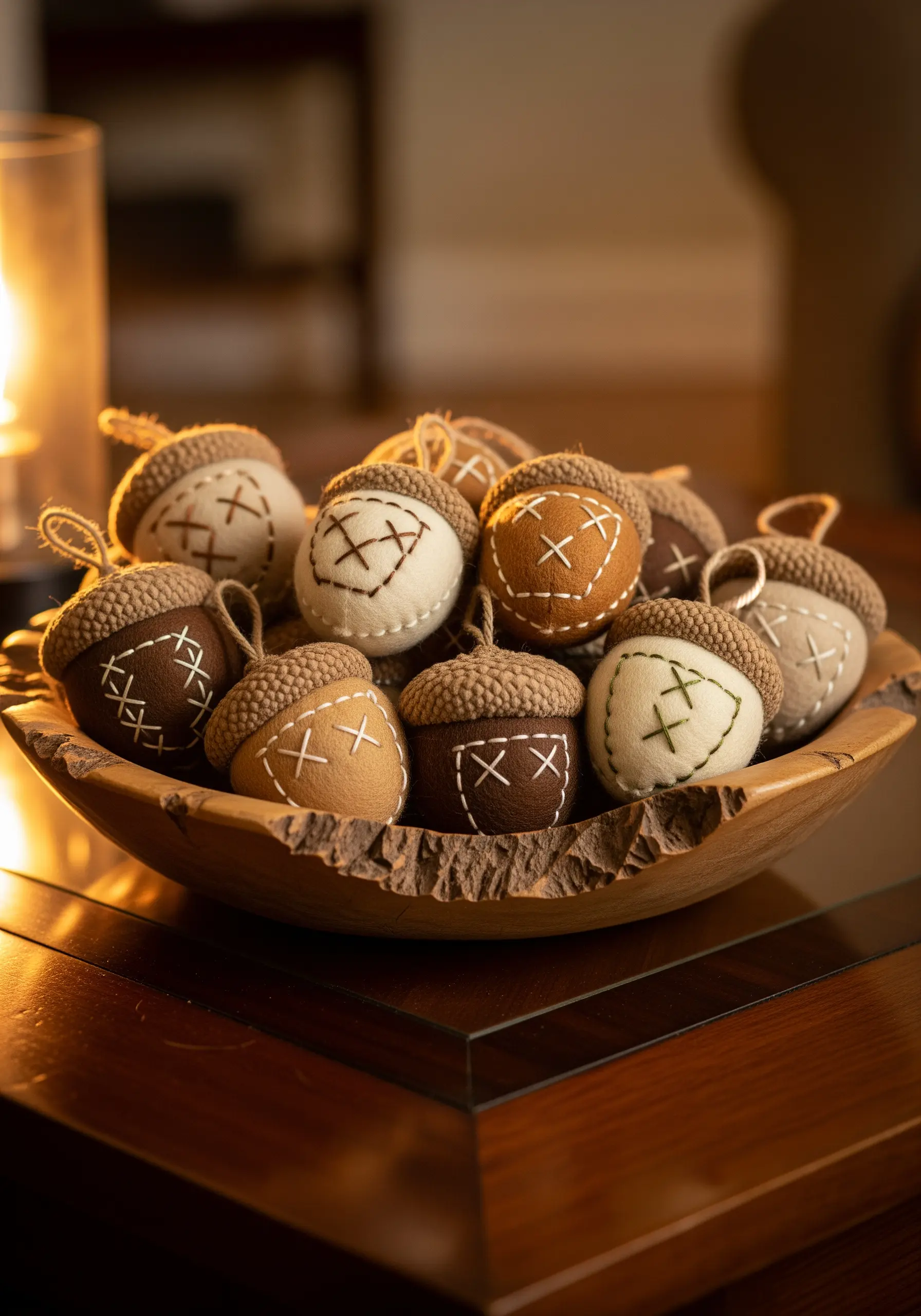 A bowl of handmade felt acorns with simple cross-stitch details.