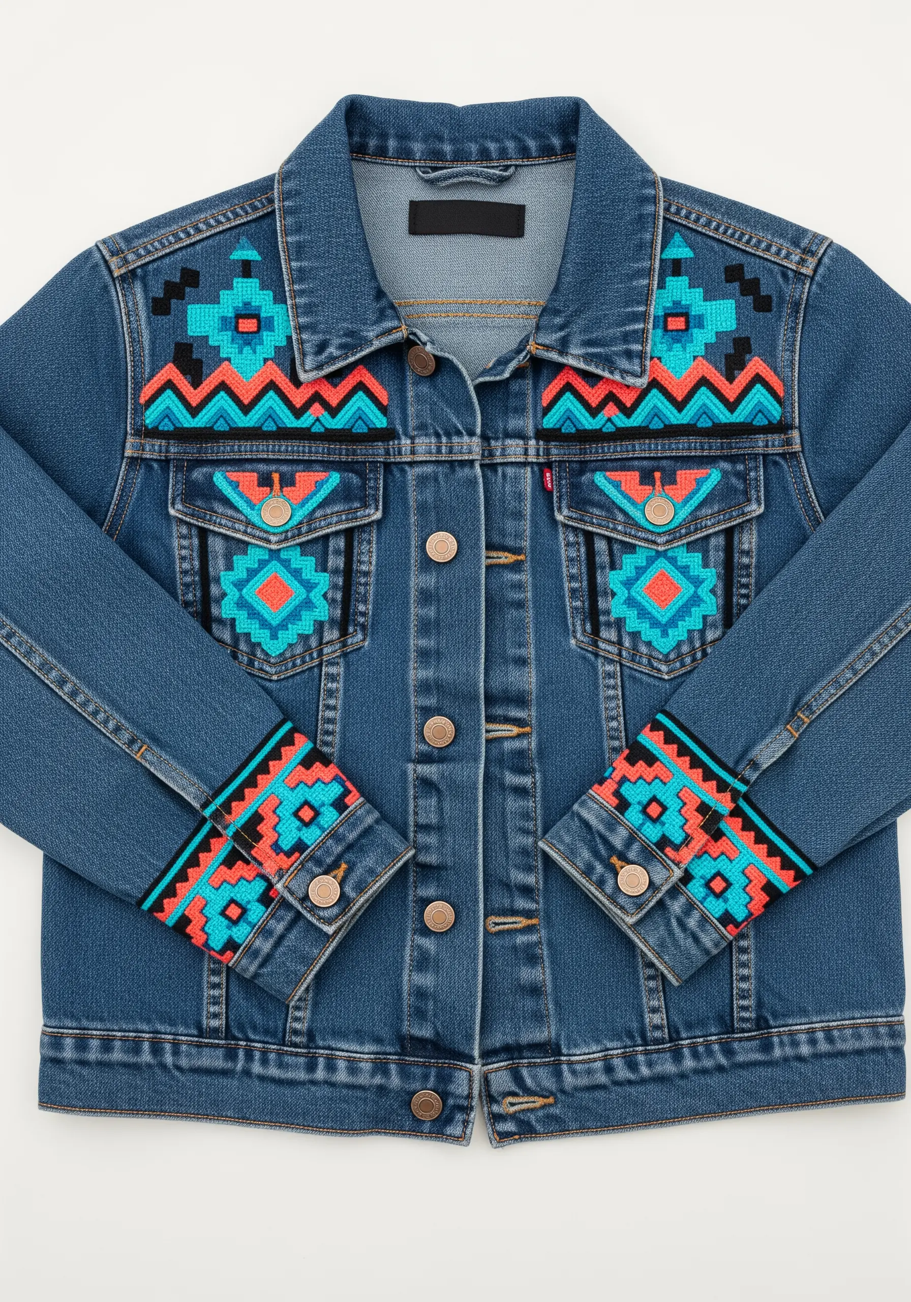 Geometric tribal-inspired embroidery in turquoise and coral on the yoke and cuffs of a denim jacket.