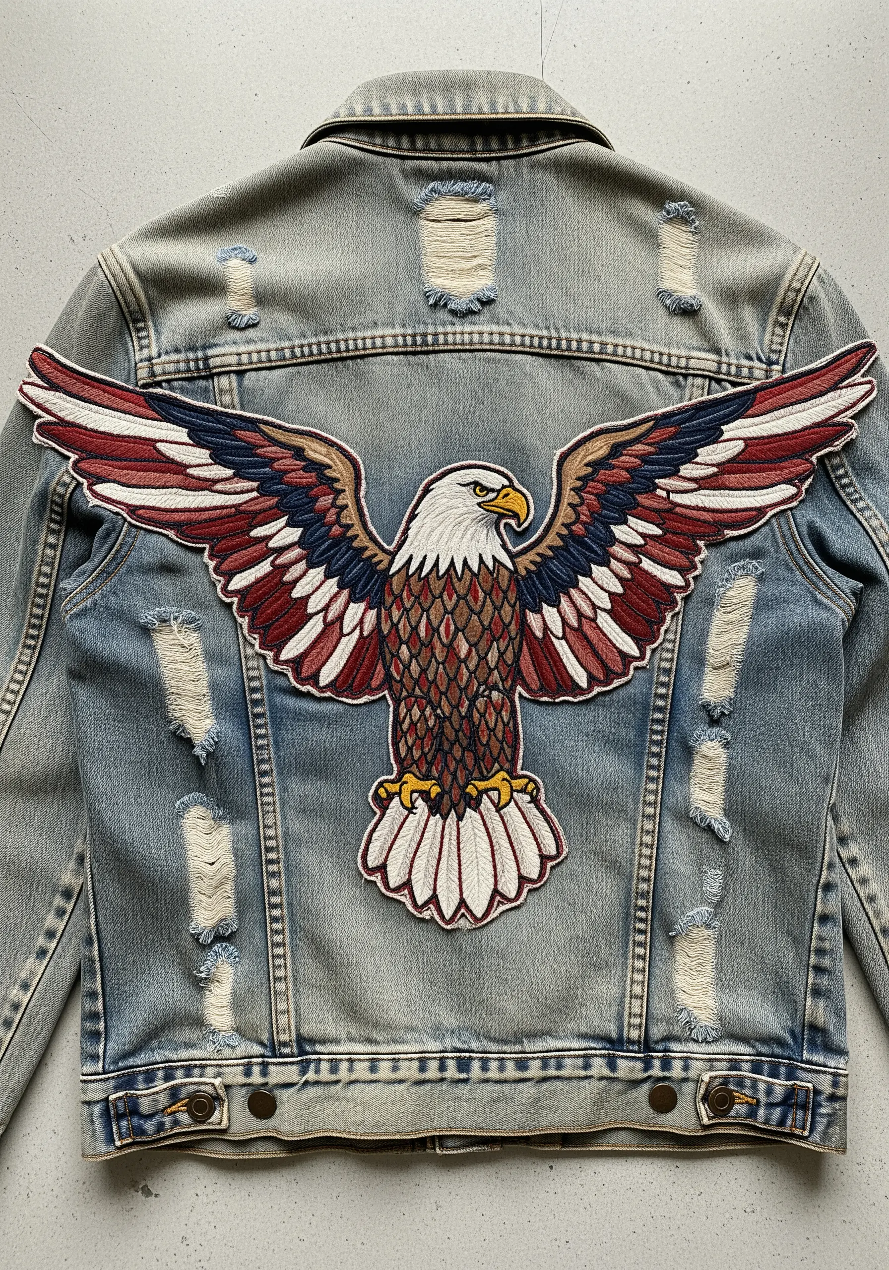 A large, detailed American bald eagle with wings spread, embroidered on a distressed denim jacket.
