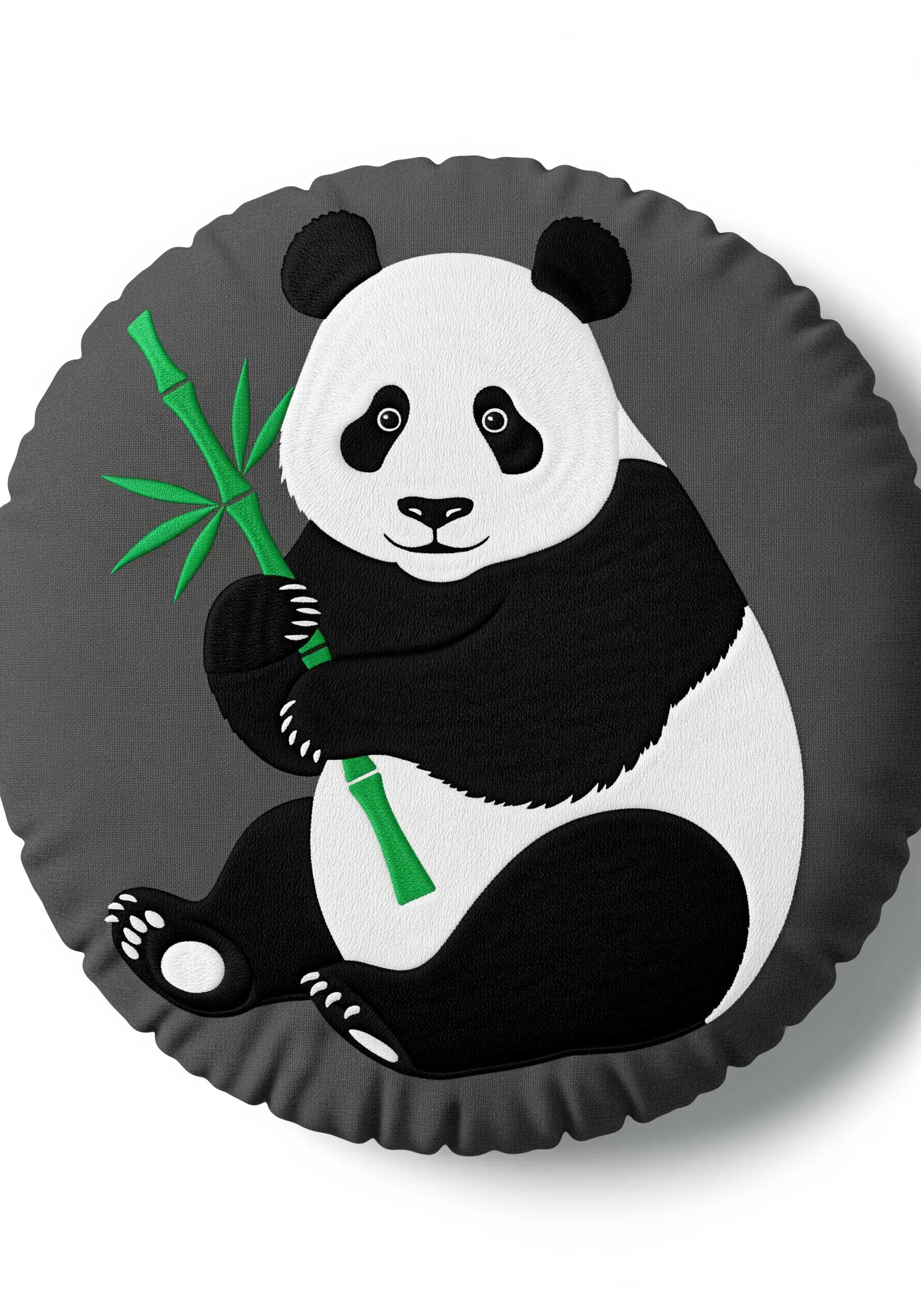 Embroidered panda with perfectly smooth satin stitch on a round grey pillow.