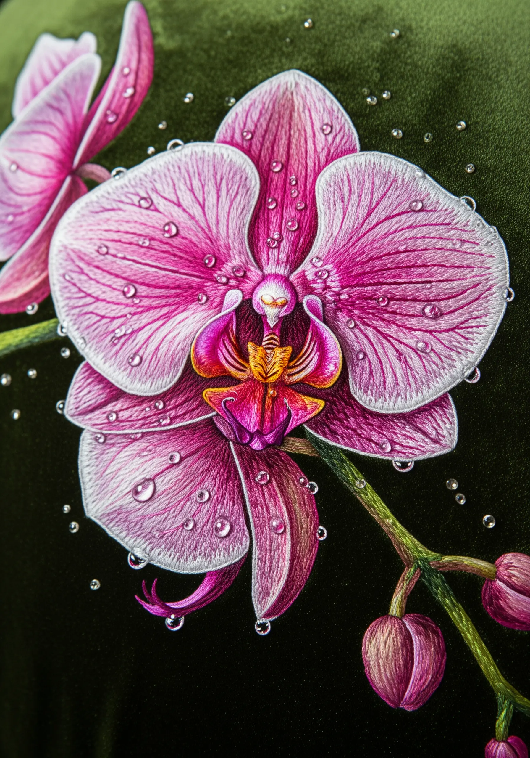 A thread-painted pink orchid with beaded water drops on a dark green velvet background.