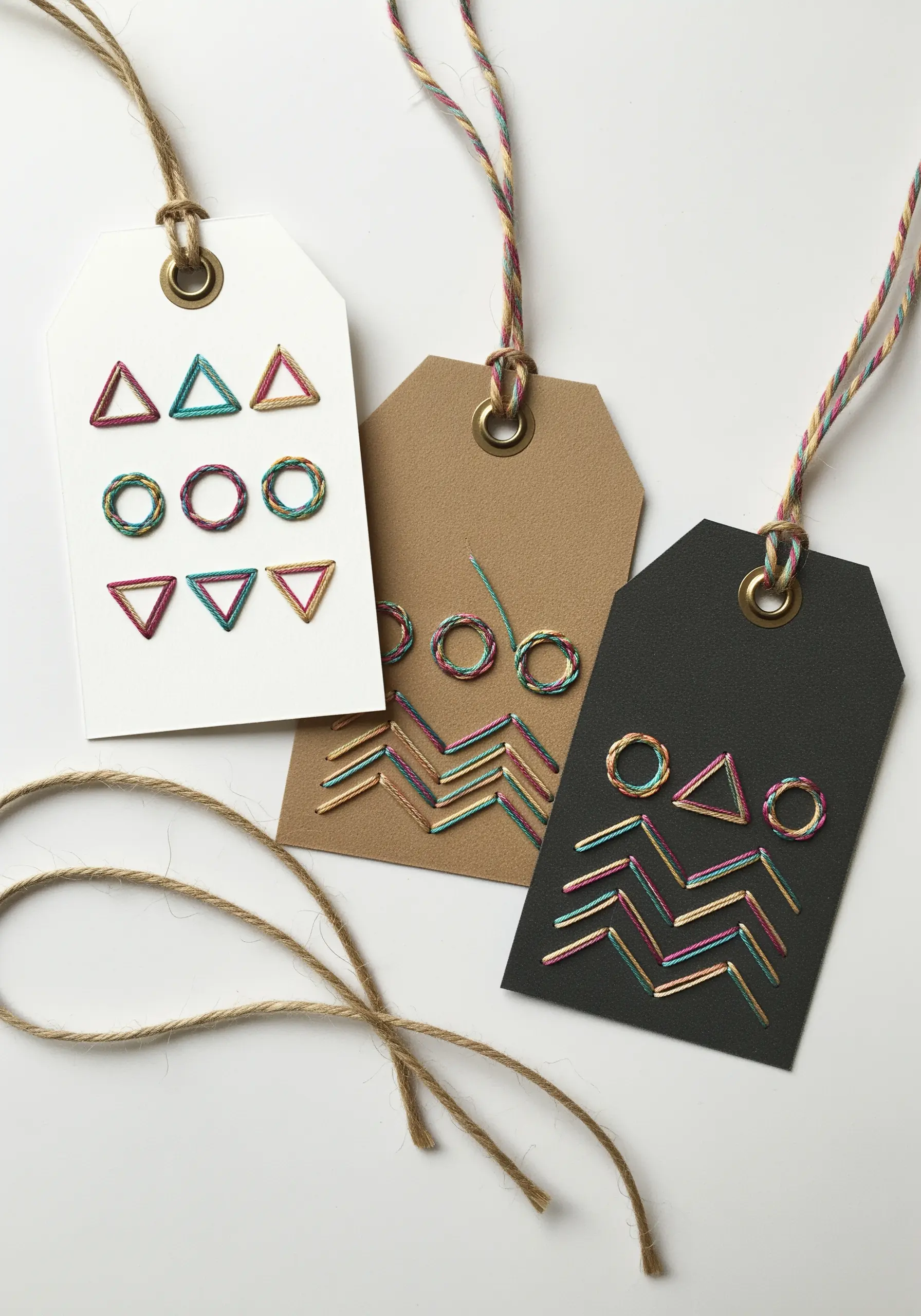 Geometric shapes embroidered on paper gift tags using colorful variegated thread