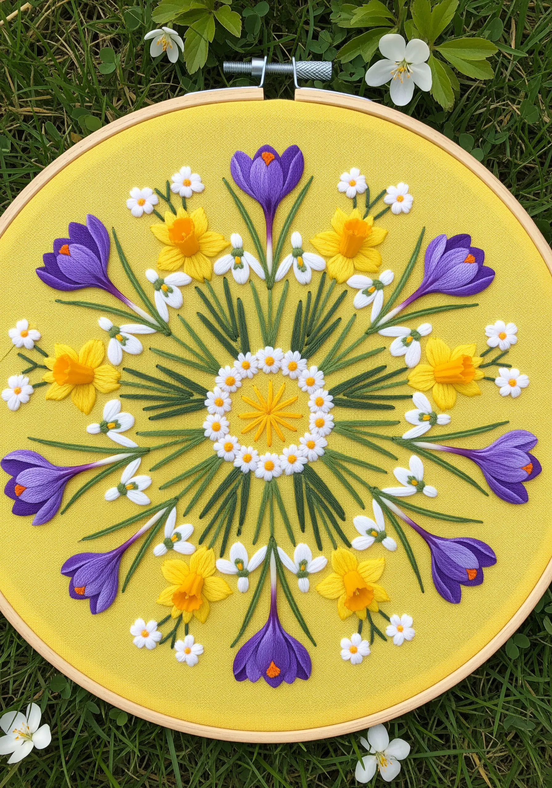 A bright spring flower mandala with daffodils and crocuses on yellow fabric.