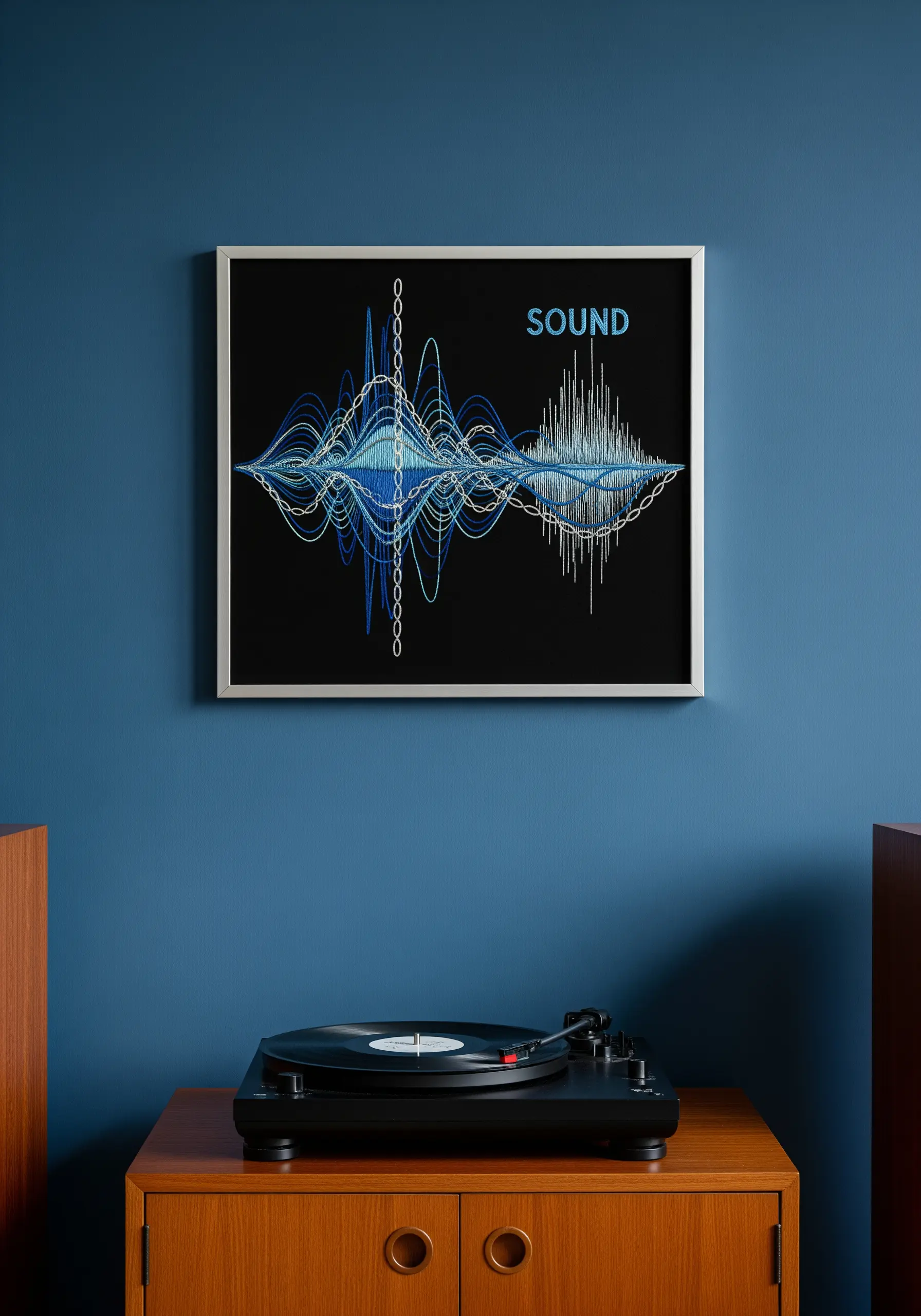 Abstract embroidery of a soundwave in shades of blue and white on a black background.