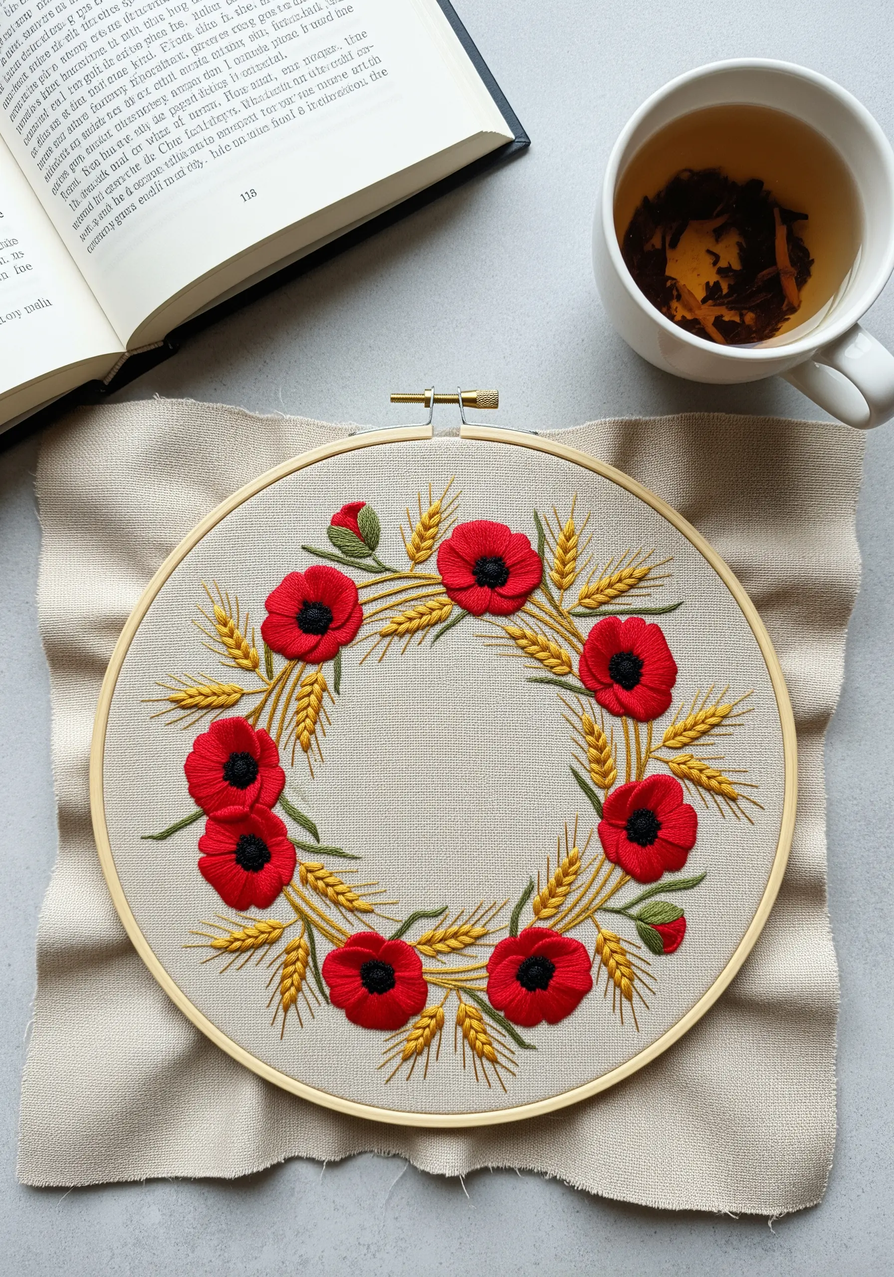 Embroidered red poppies and golden wheat stalks in a circular wreath.