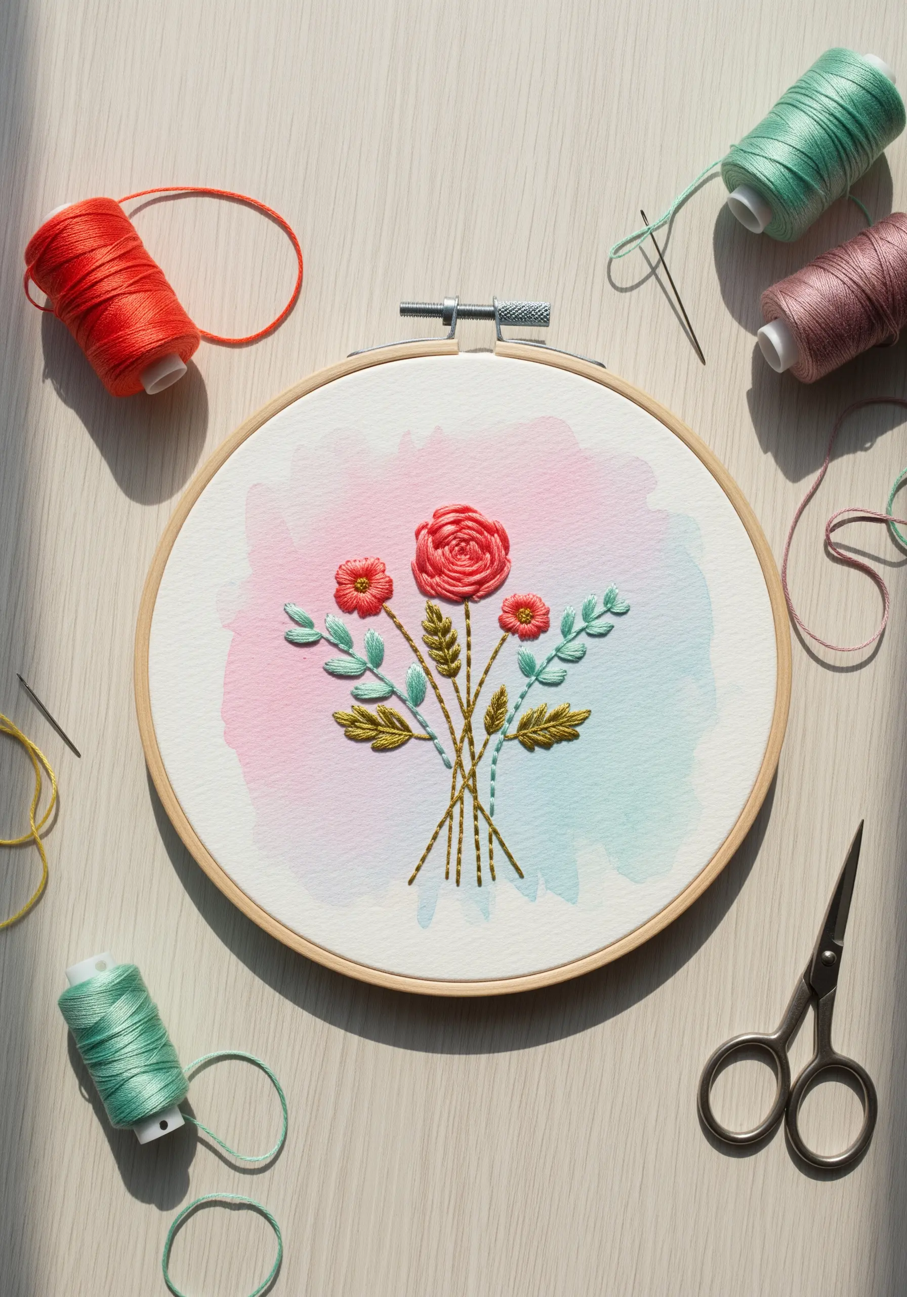 Embroidery hoop with watercolor background and stitched floral bouquet