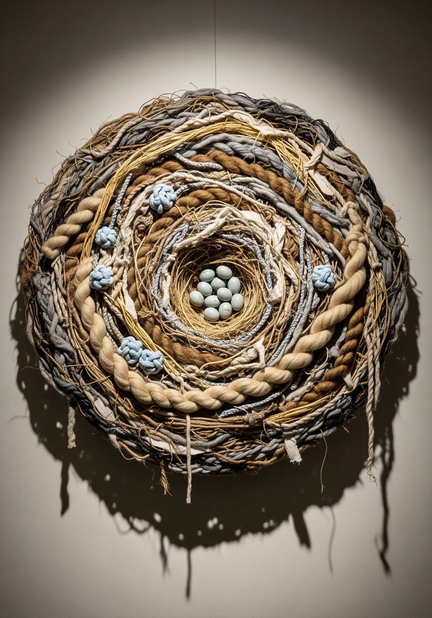 A sculptural bird's nest made from woven and couched mixed fibers like yarn, jute, and roving.