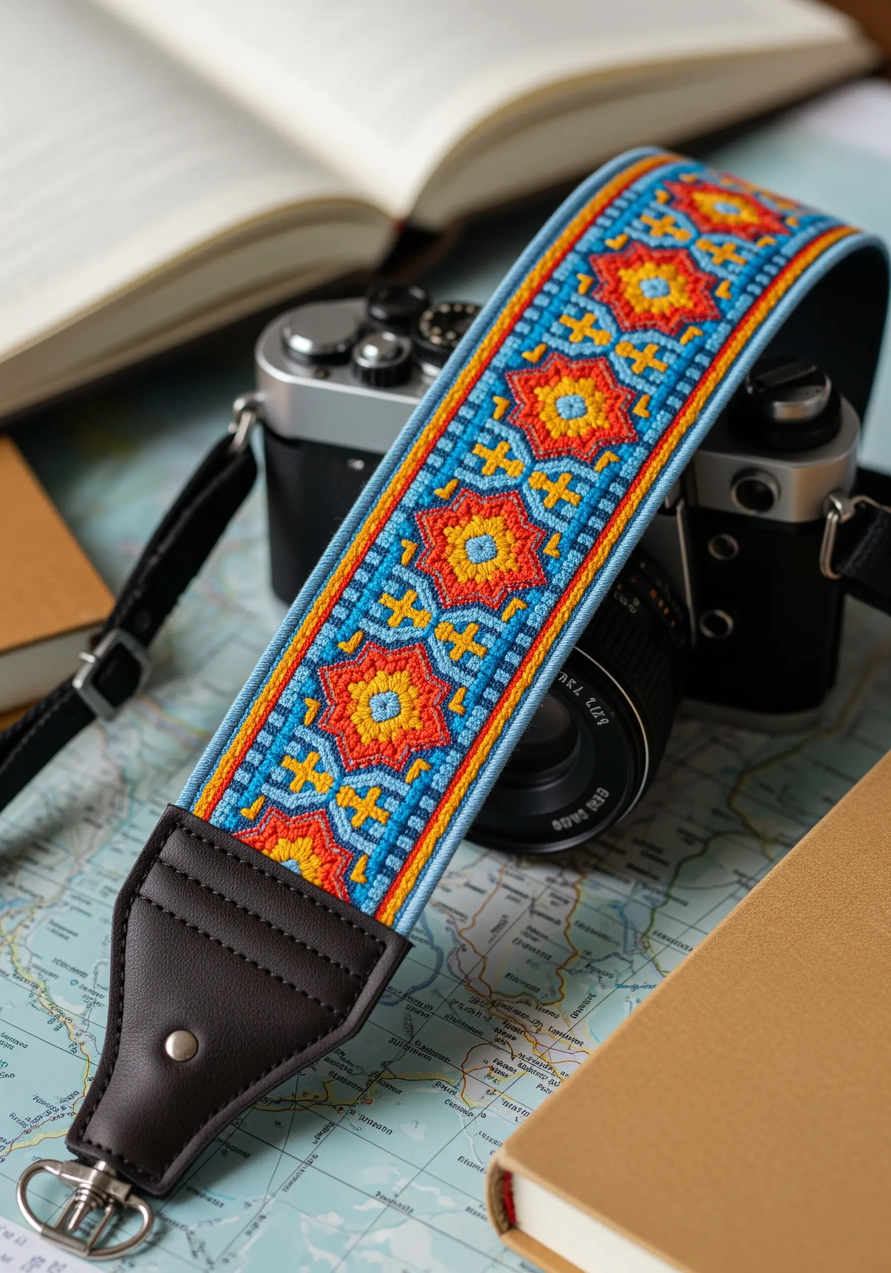 A vibrant, geometric pattern embroidered in orange, yellow, and blue on a camera strap.