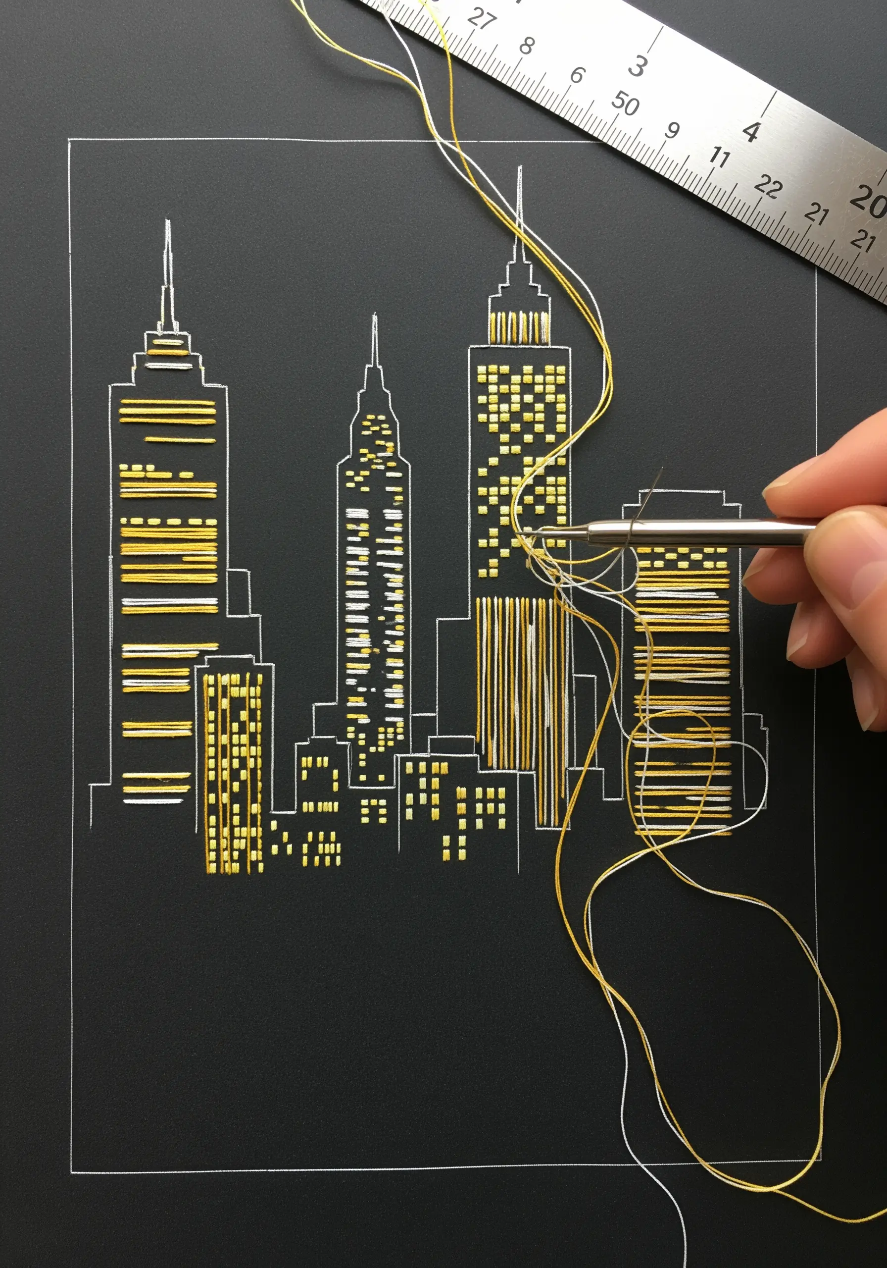 A city skyline being created on black paper by weaving yellow thread through white vertical stitches.
