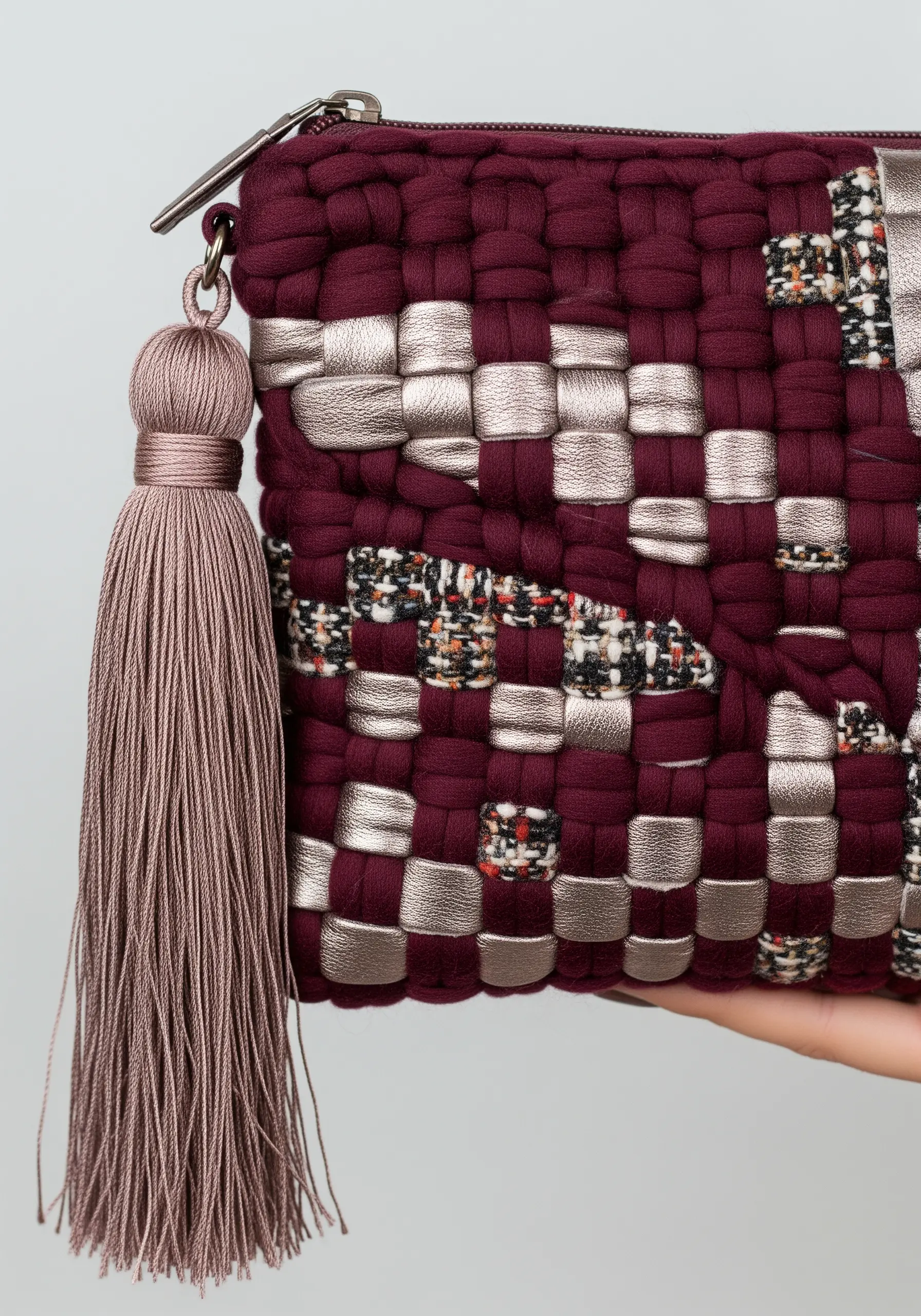 A hand-woven clutch in burgundy and metallic silver with a large, silky tassel.