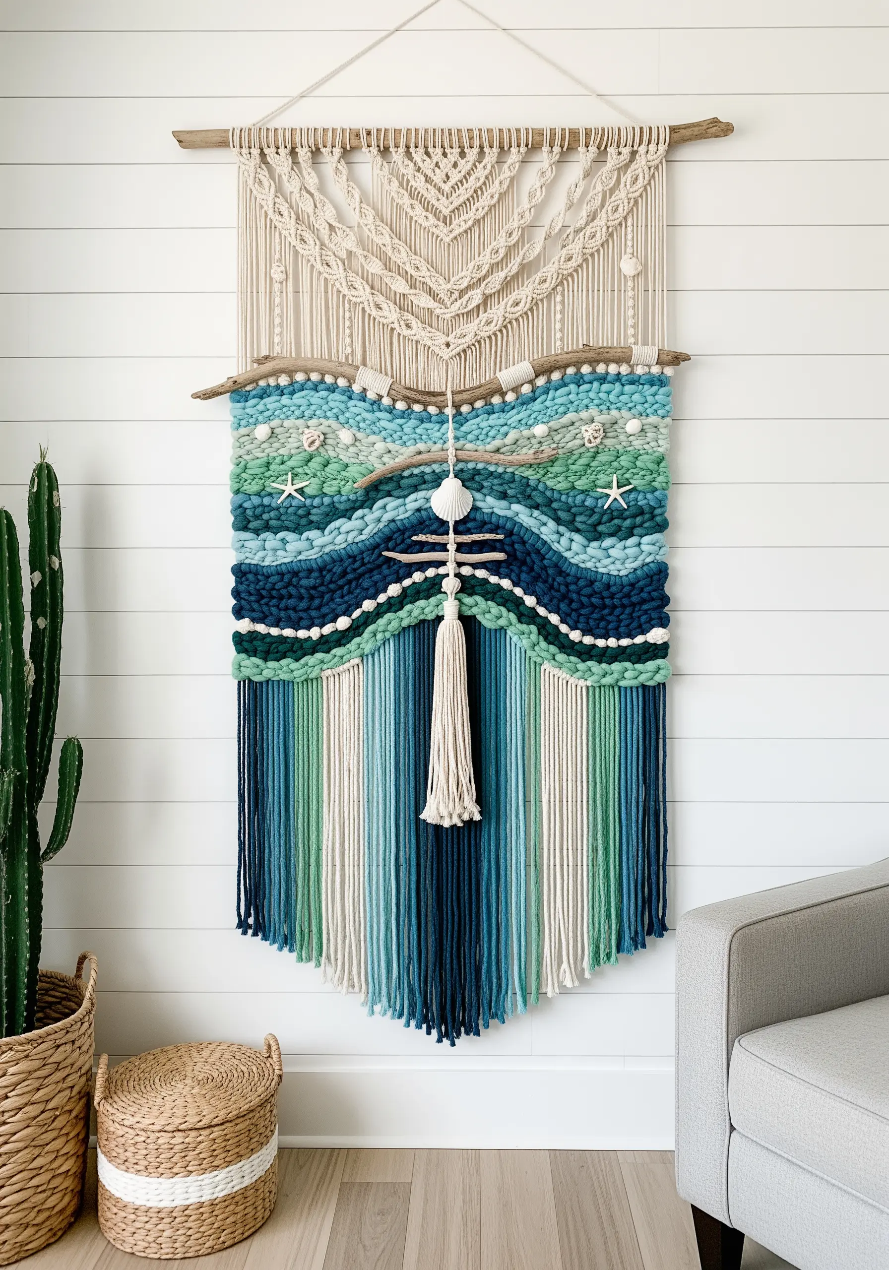 A macrame and woven wall hanging in coastal blues and greens, embellished with shells and driftwood.