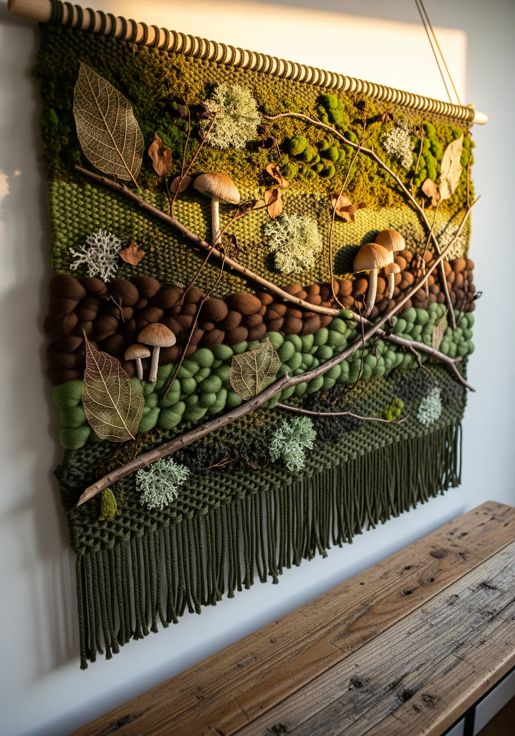 A woven wall hanging featuring mossy green textures, real leaves, twigs, and mushrooms.