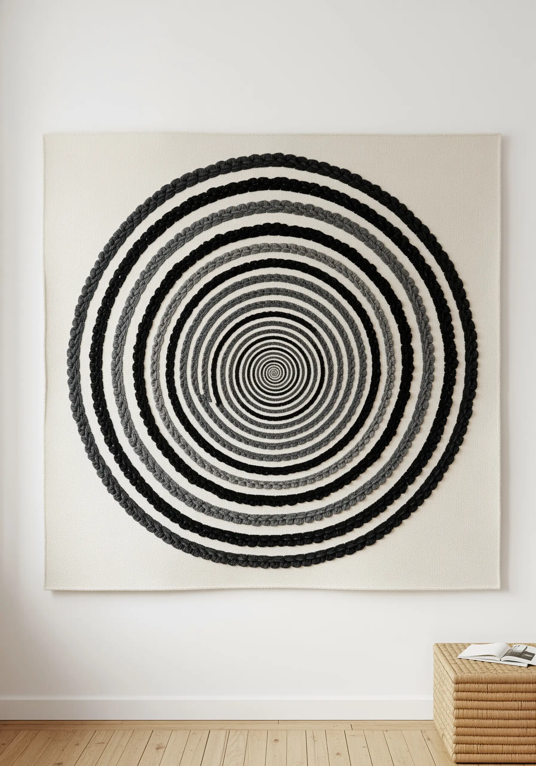 A large wall hanging with a black and grey spiral made from thick, textured cord.