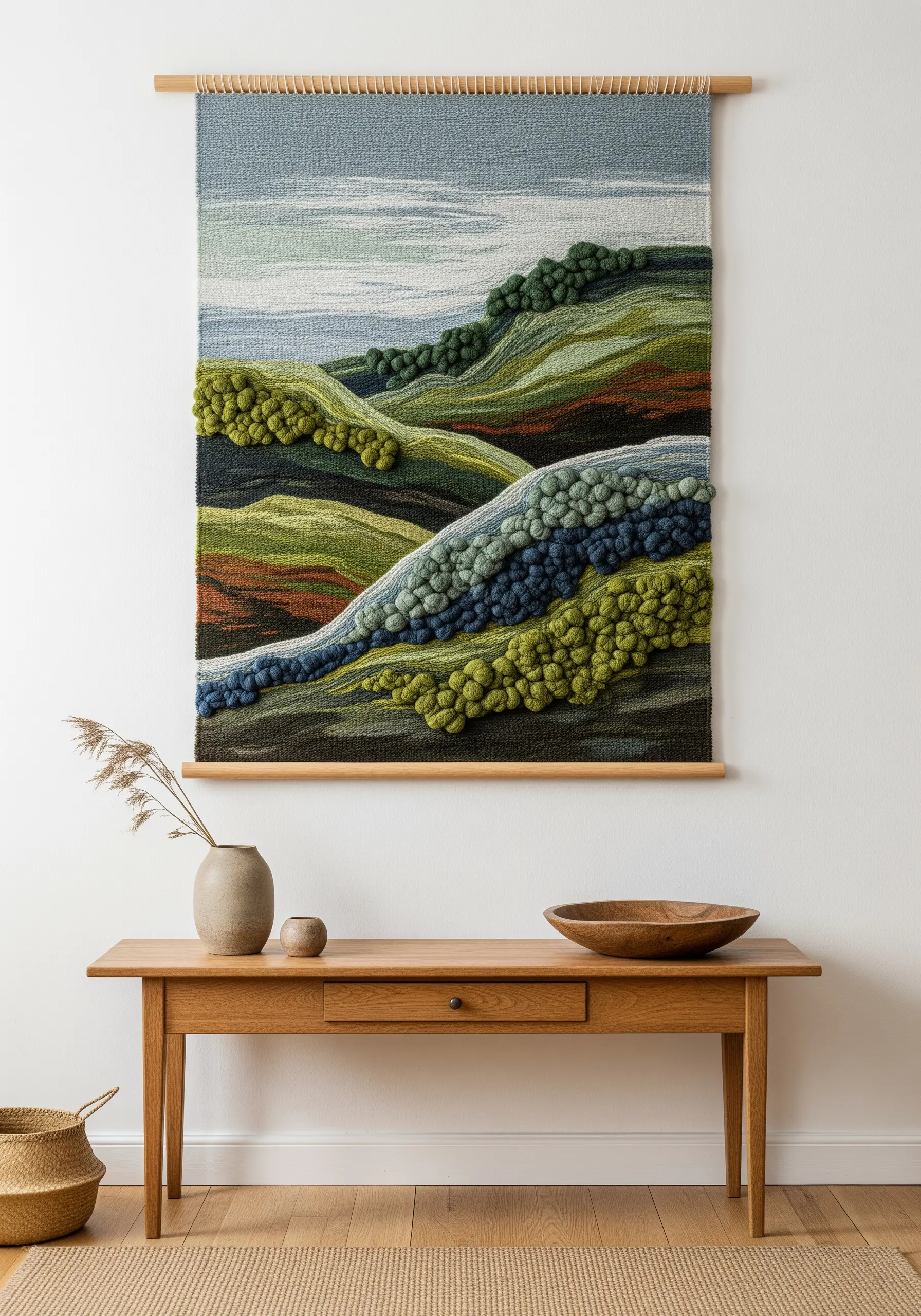Large woven wall hanging depicting rolling green and blue hills with textural knots.