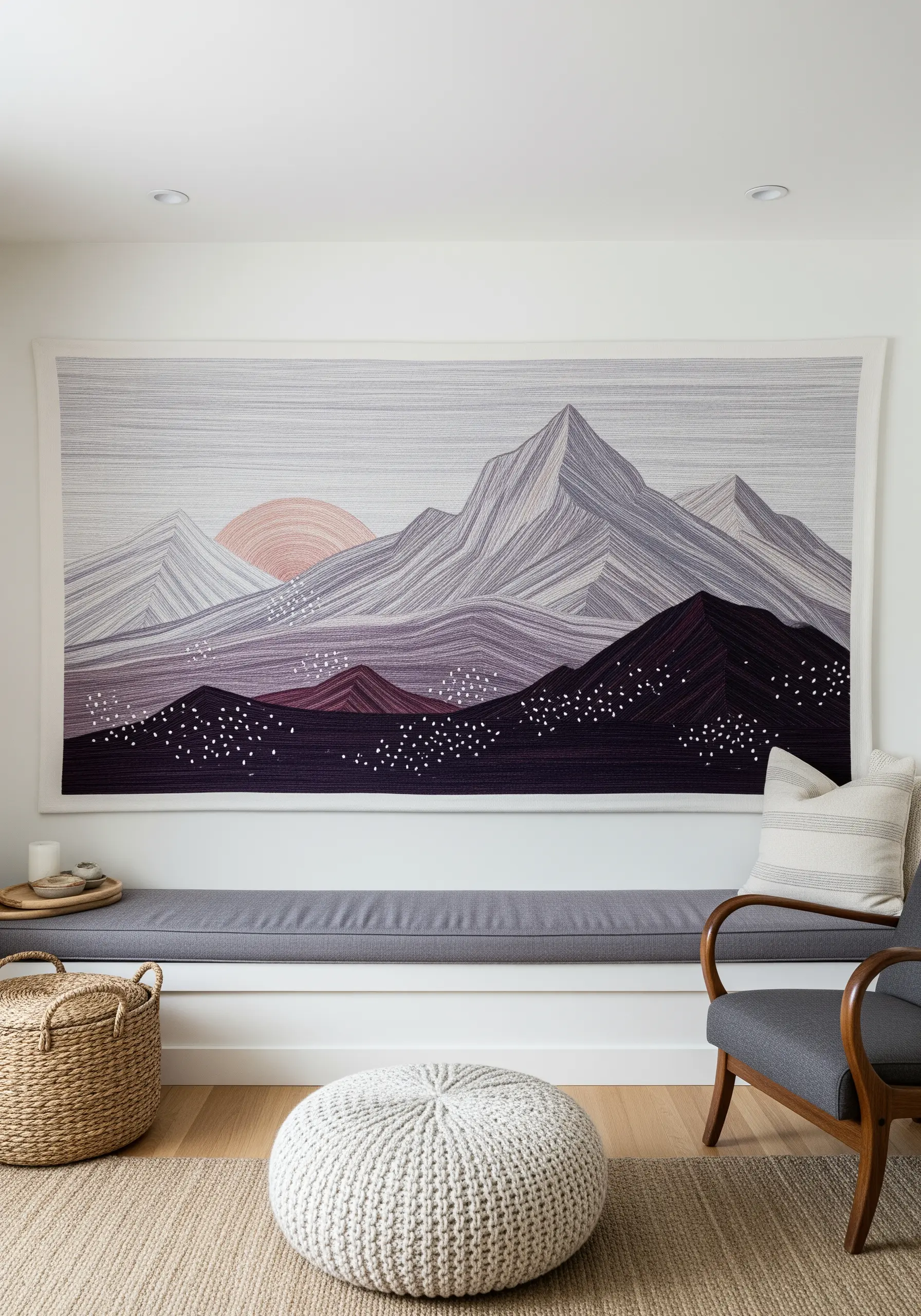 A large textile wall hanging of a mountain range at sunrise.