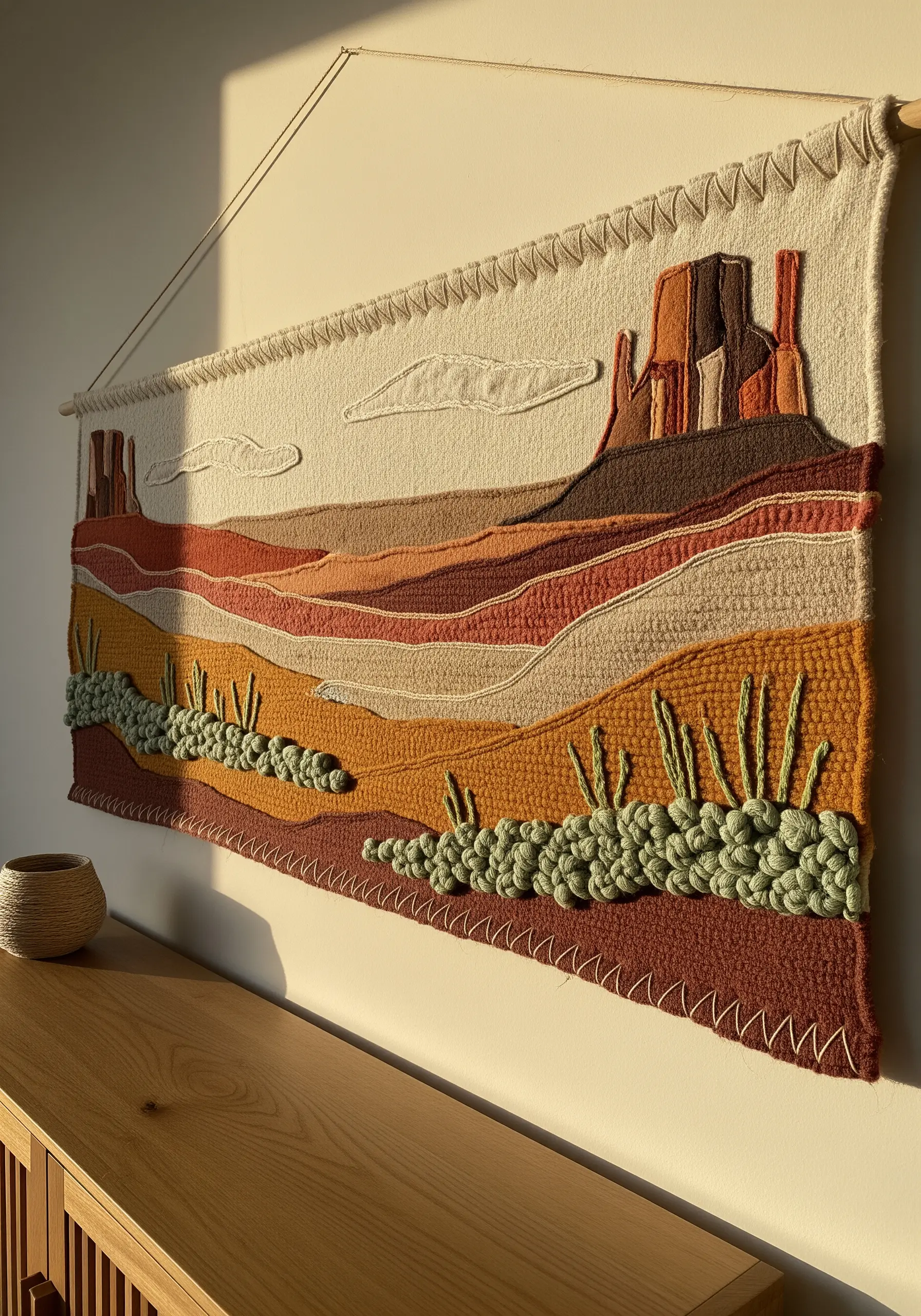 Woven wall hanging of a desert landscape with punch needle hills and knotted green cacti.