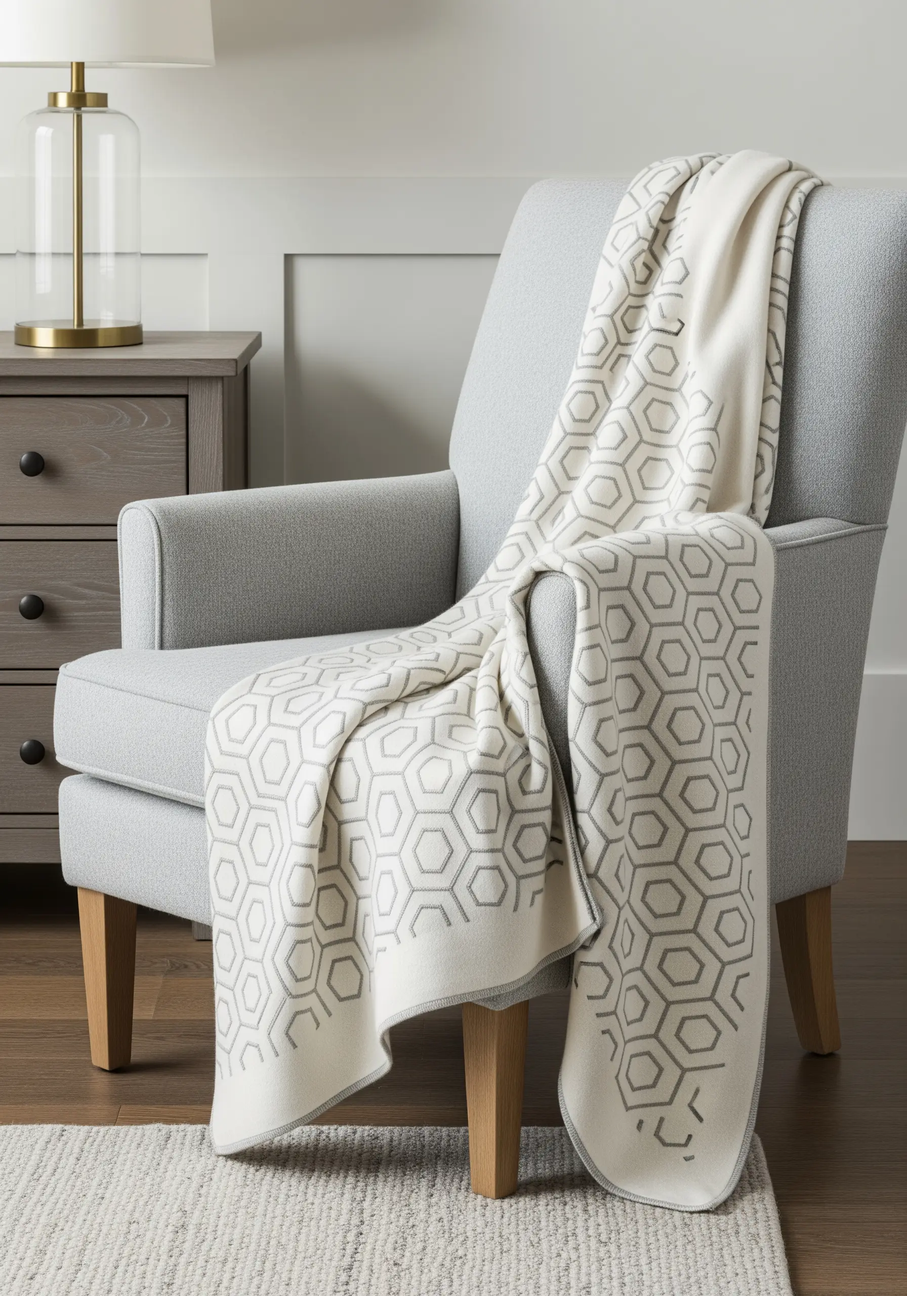 A grey honeycomb pattern embroidered on a cream-colored knit throw blanket.