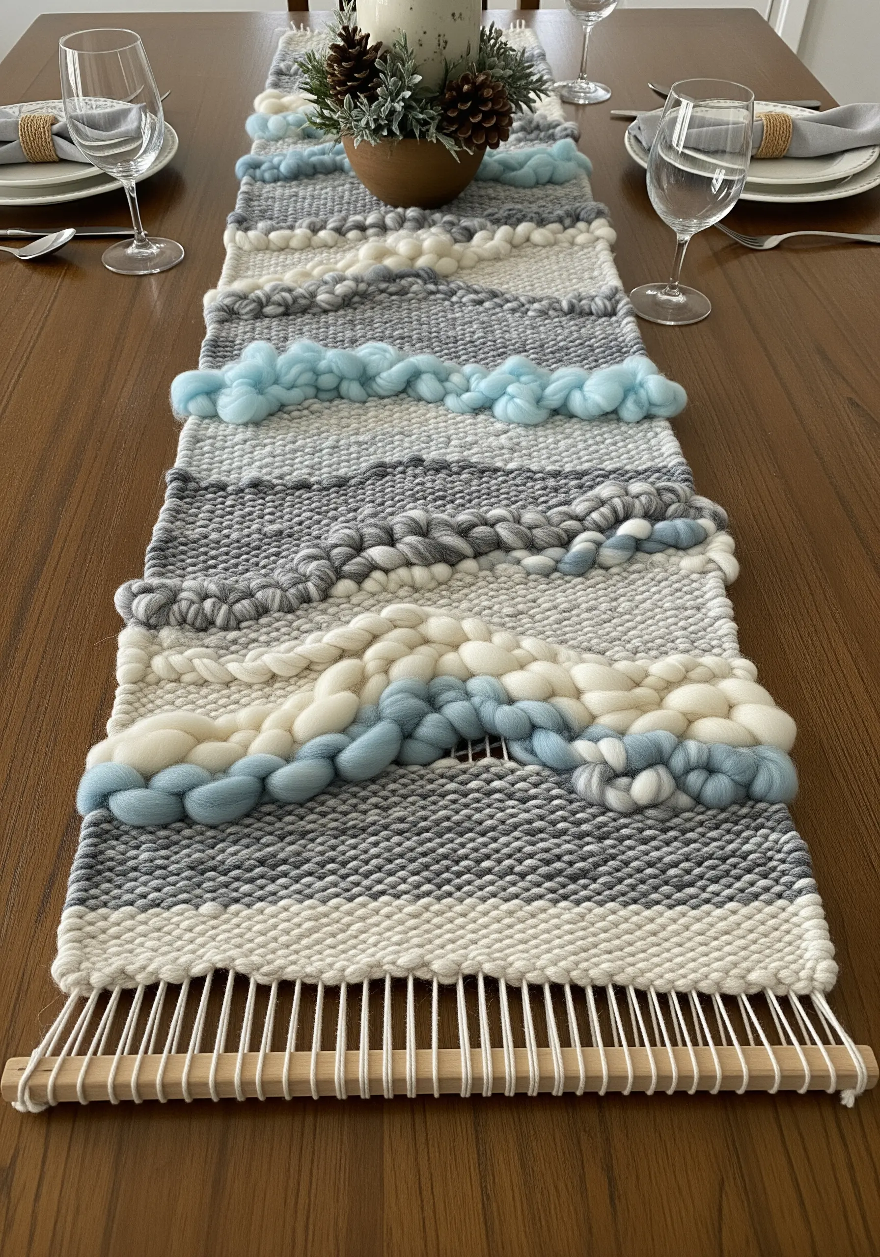 A hand-woven table runner in grey, white, and blue with chunky wool roving textures.