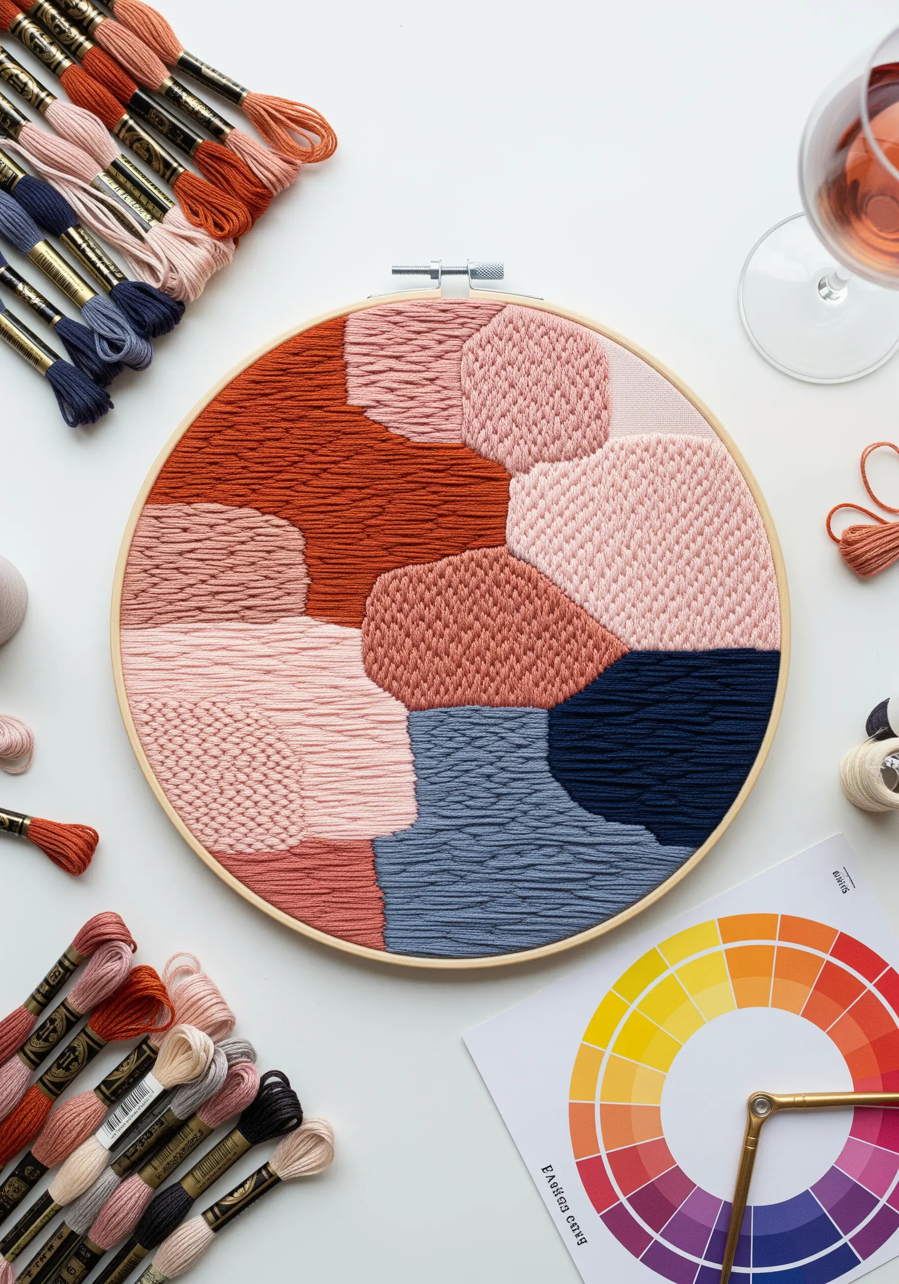 An abstract embroidery hoop with geometric sections filled with different textured stitches.