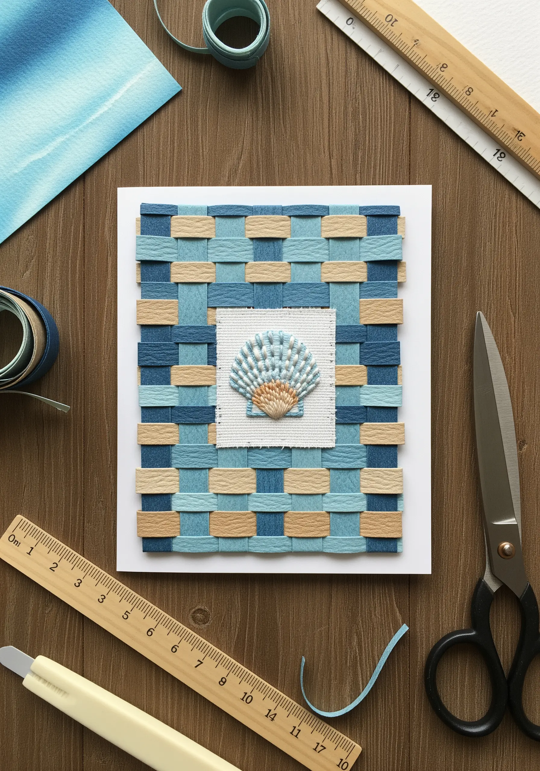 A small embroidered seashell mounted on a grid of woven blue and beige paper strips.