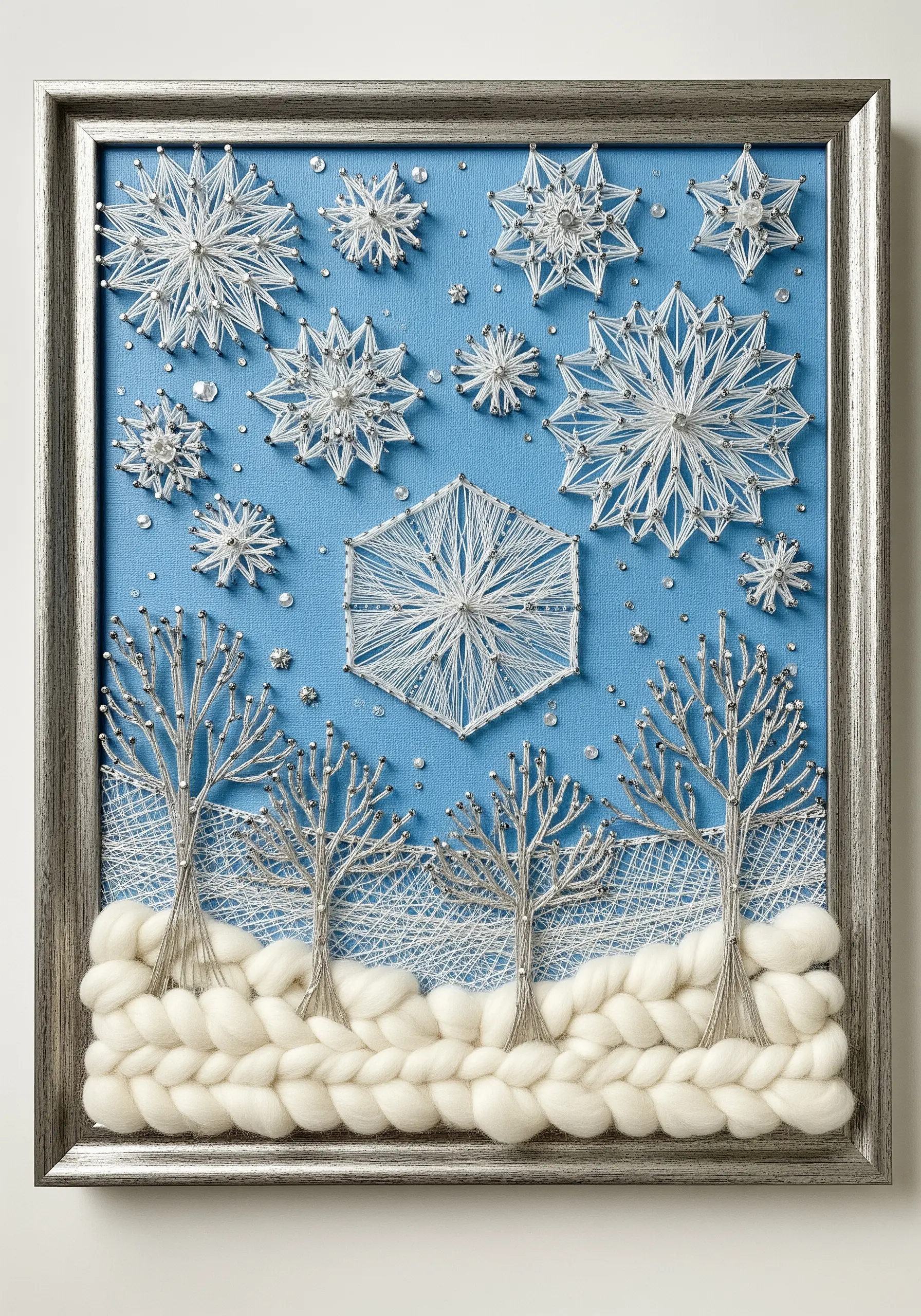 Winter landscape string art with woven yarn snow, silver trees, and beaded snowflakes.