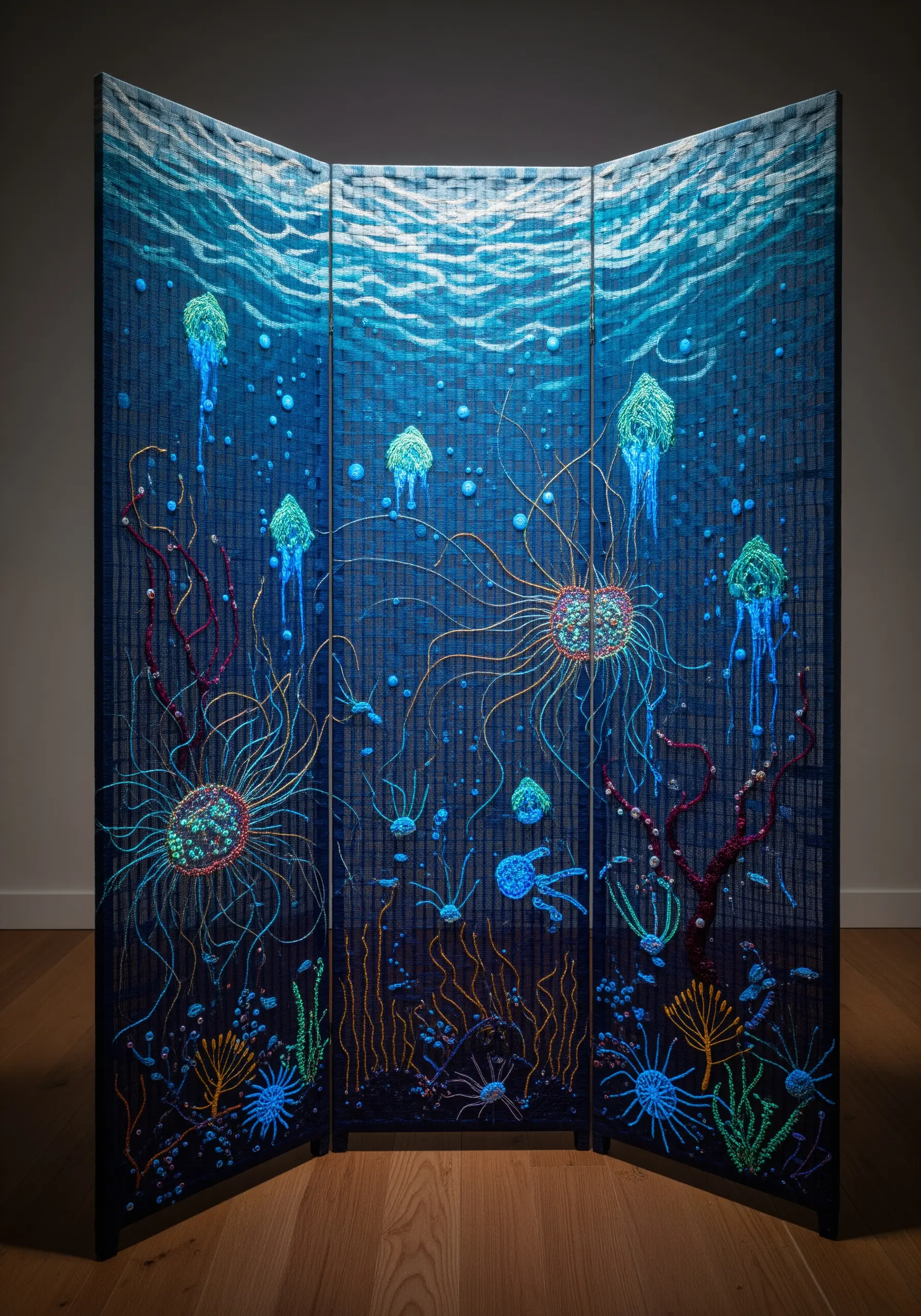 A large three-panel screen depicting a deep blue underwater scene with woven and embroidered jellyfish.