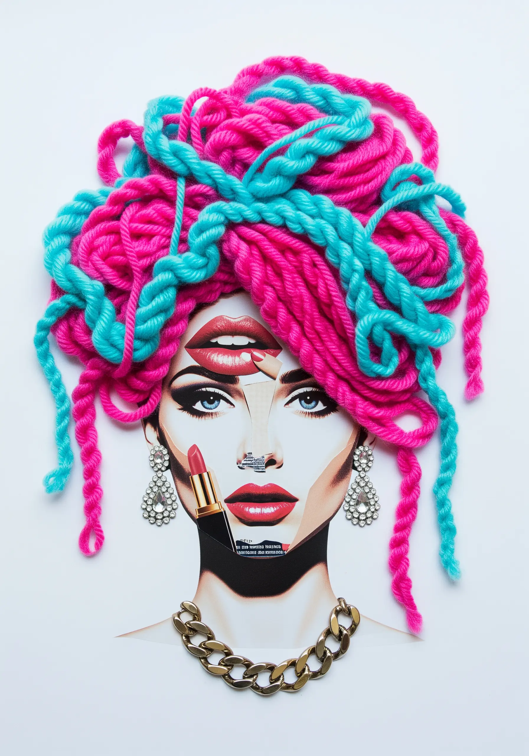 A paper collage portrait of a woman with vibrant pink and teal yarn for hair.