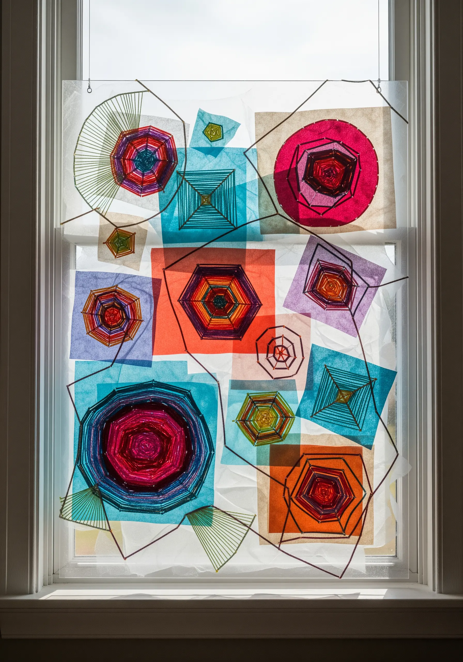 A window covered with a collage of colored vellum squares and intricate geometric string art patterns.